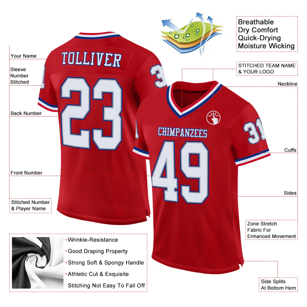 Custom Red White-Royal Mesh Authentic Throwback Football Jersey