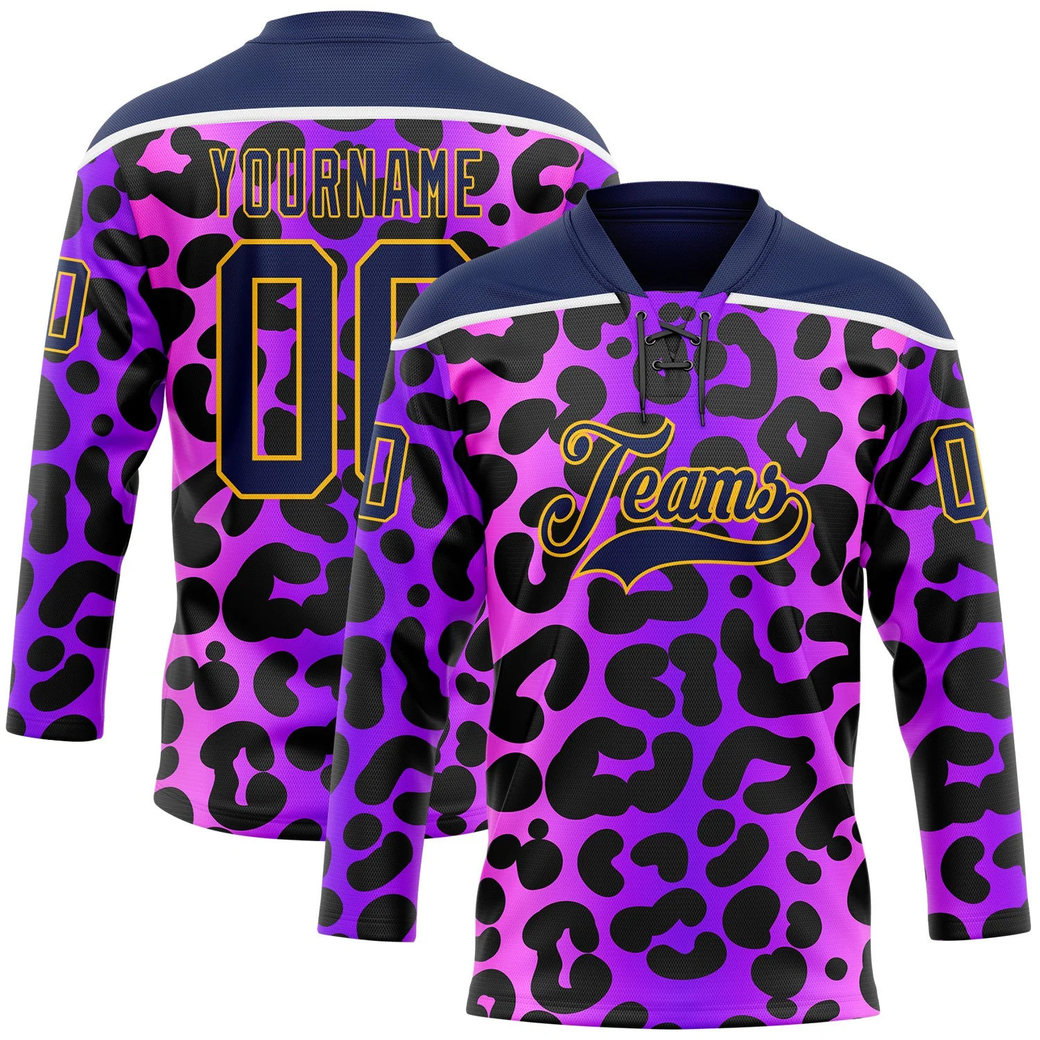 Custom Purple Navy Pink-Gold 3D Pattern Leopard Print Neon Hockey Lace Neck Jersey