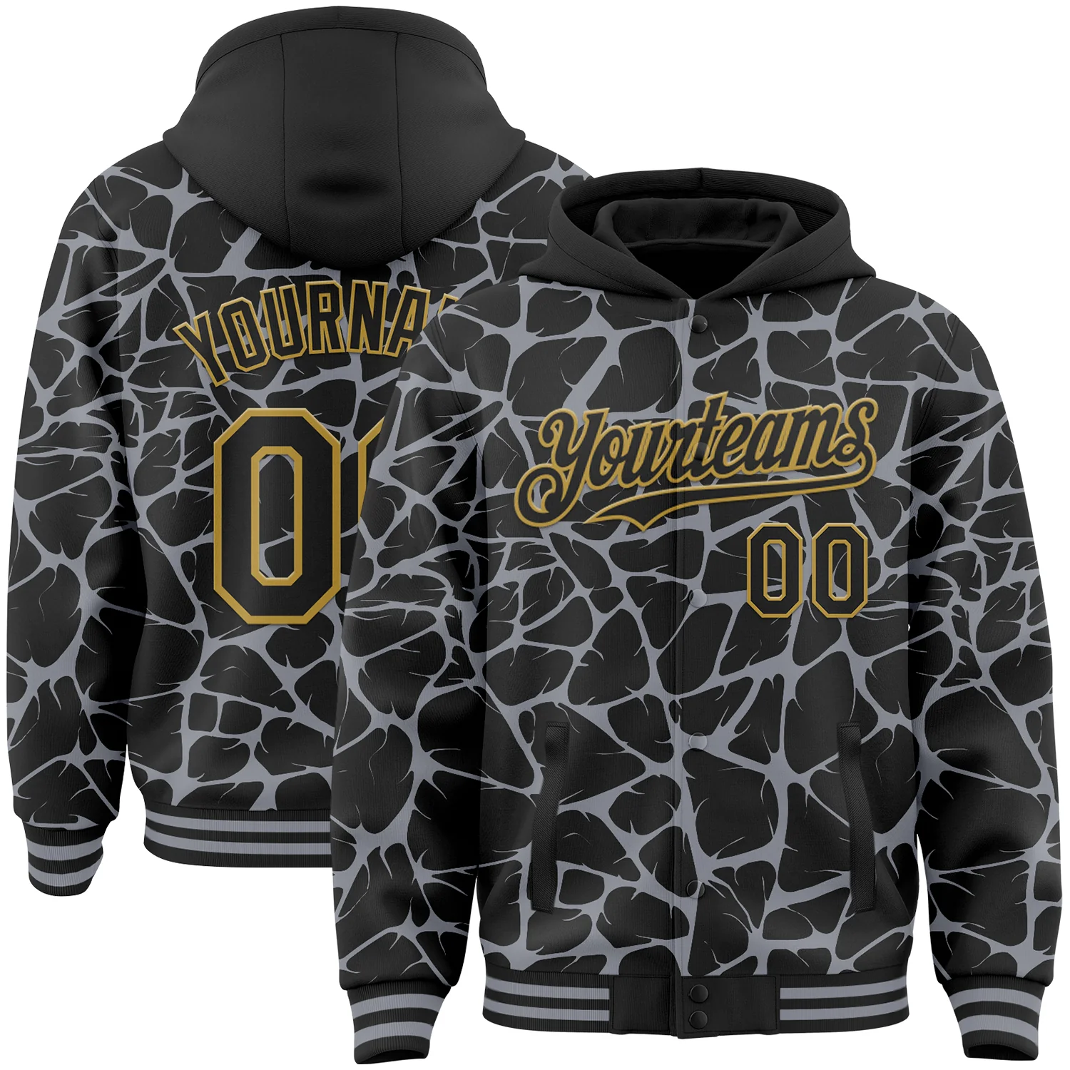 Custom Black Gray-Old Gold Abstract Network 3D Pattern Design Bomber Full-Snap Varsity Letterman Hoodie Jacket