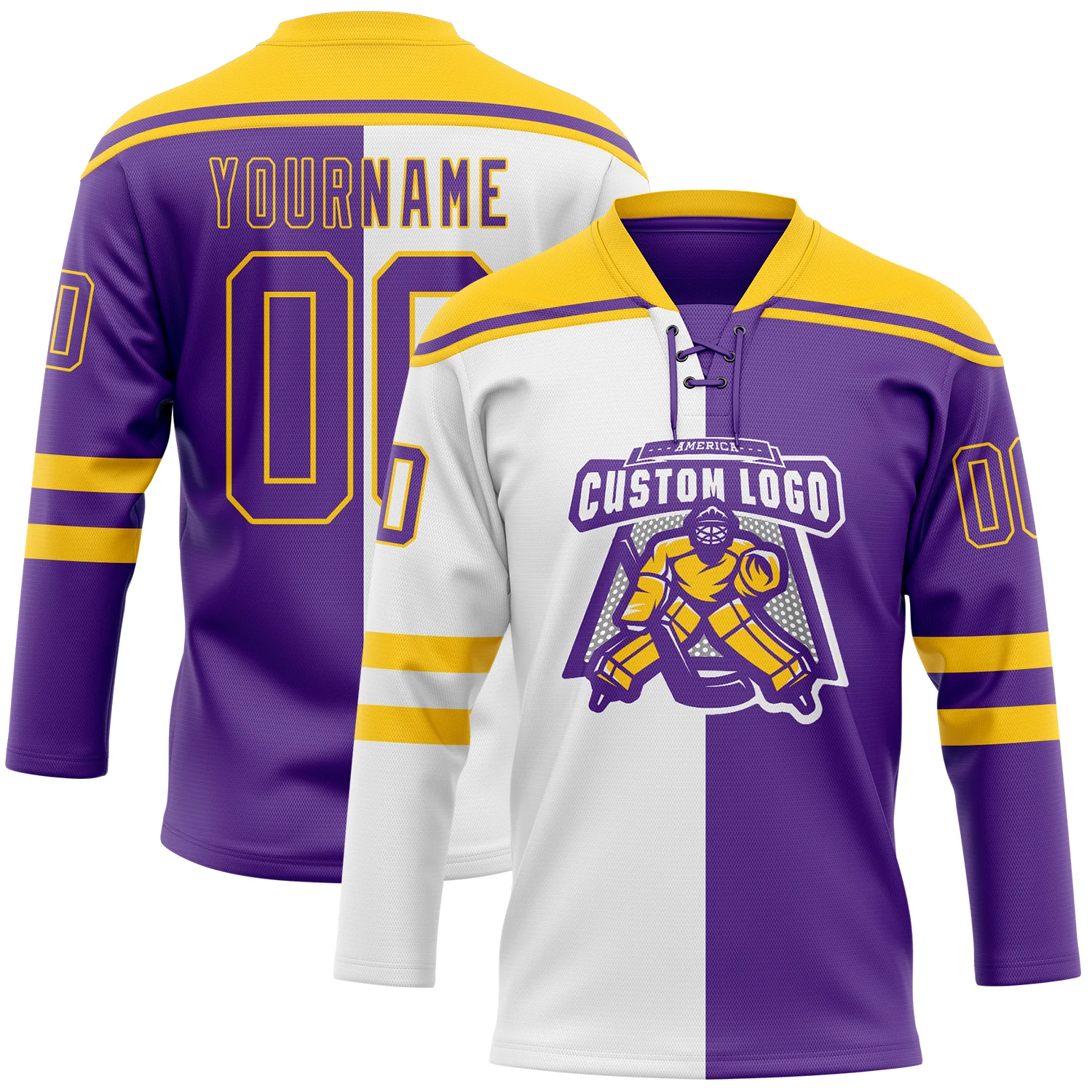 Custom Purple White-Yellow Split Fashion Hockey Lace Neck Jersey