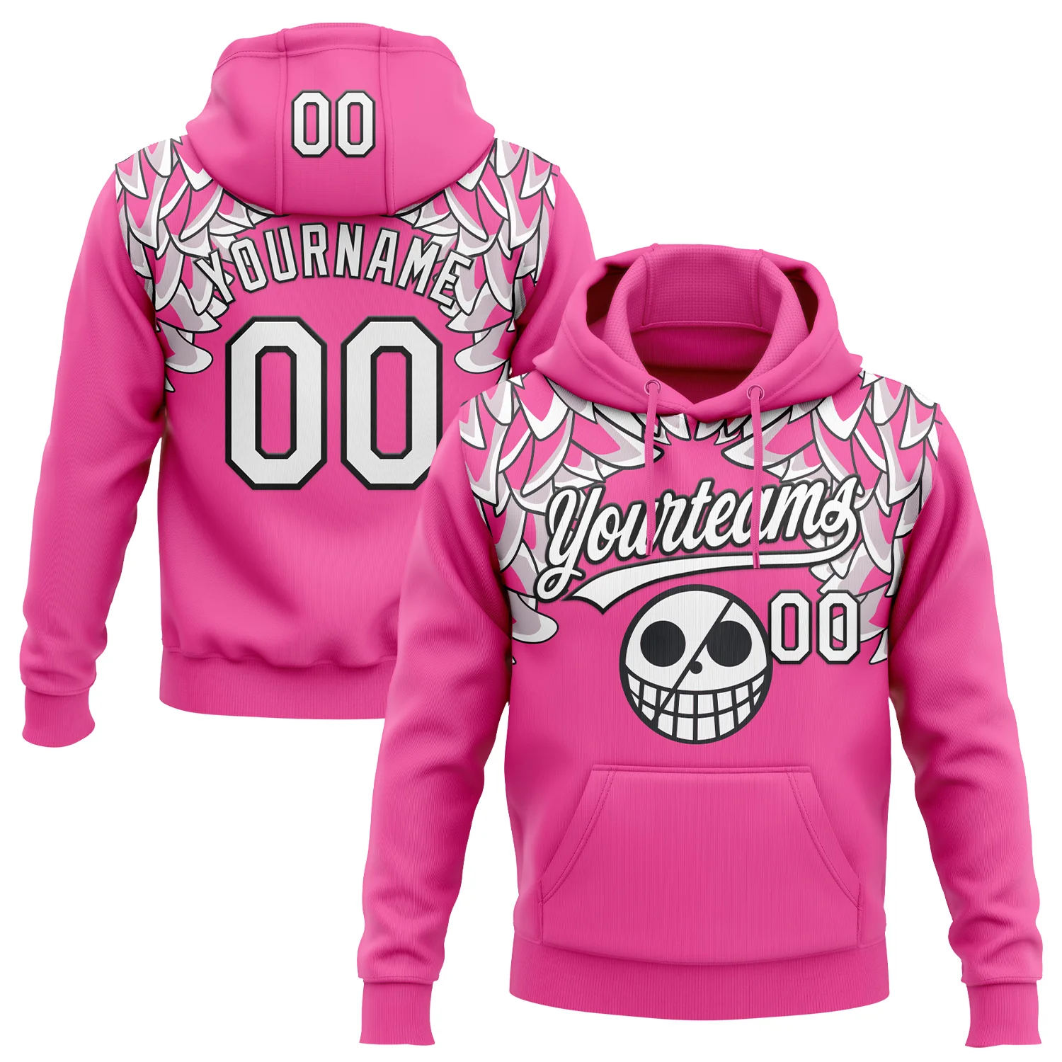 Custom Stitched Pink White-Black 3D Skull Pattern Pullover Sweatshirt Hoodie