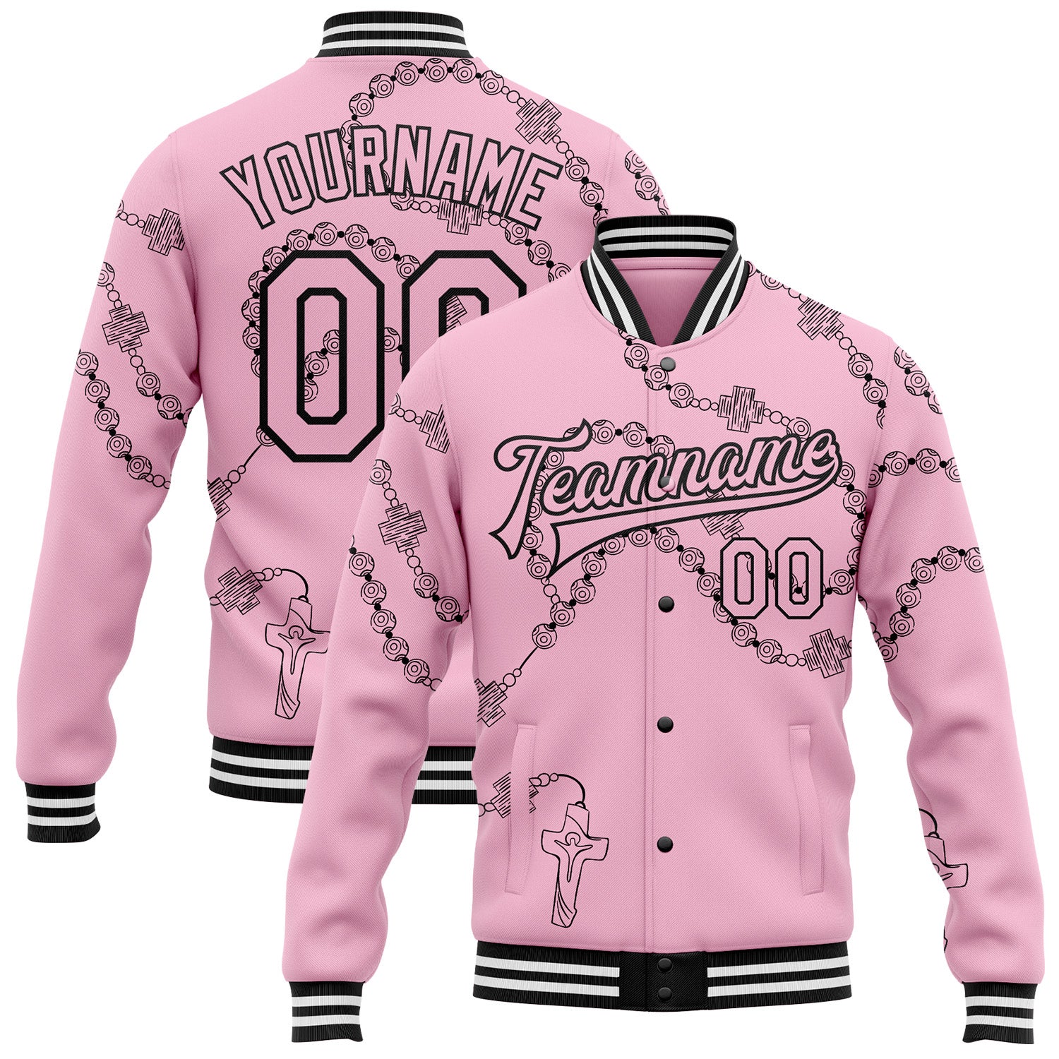 Custom Light Pink Black-White Gothic Crosses 3D Pattern Design Bomber Full-Snap Varsity Letterman Jacket