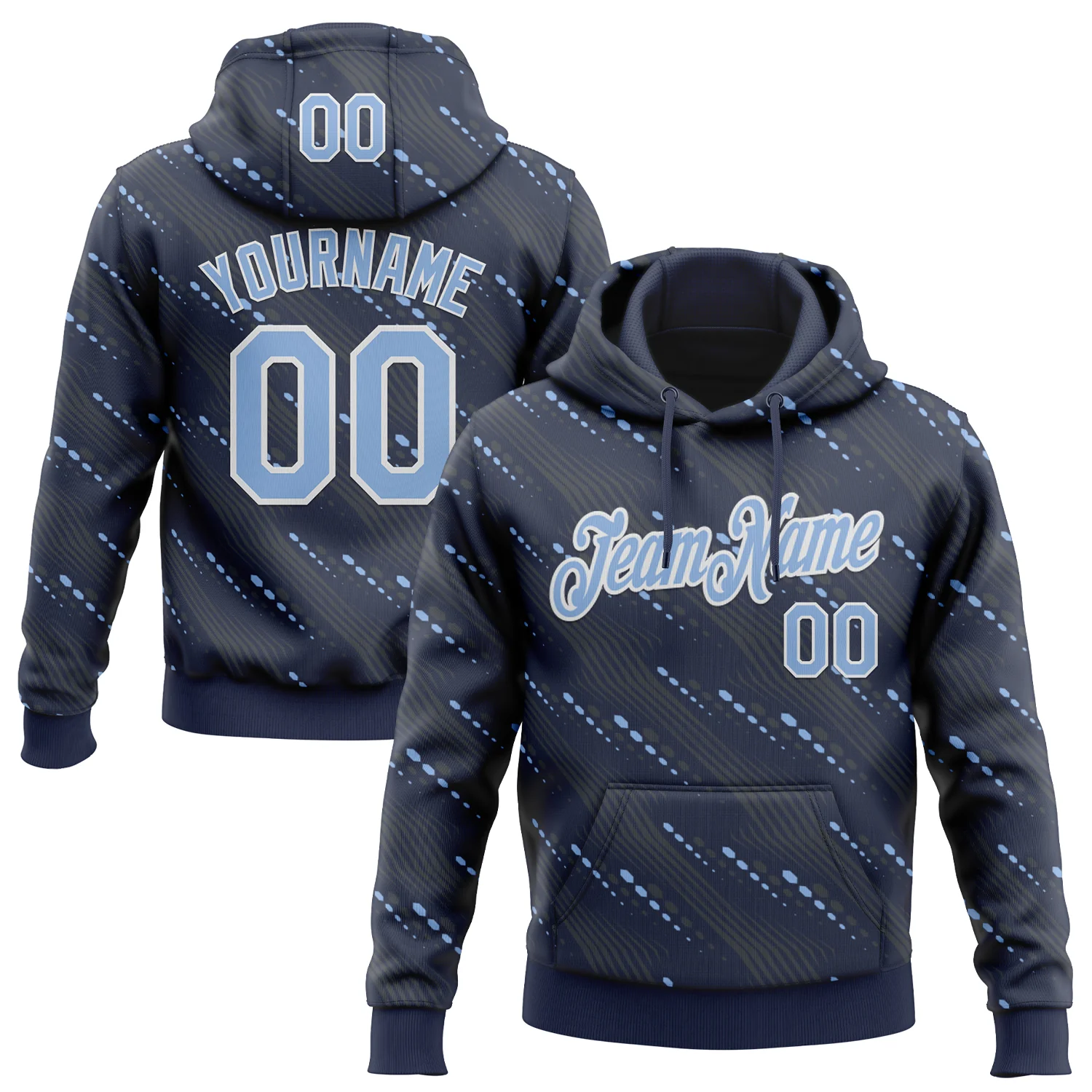 Custom Stitched Navy Light Blue-White 3D Pattern Design Slant Lines Sports Pullover Sweatshirt Hoodie