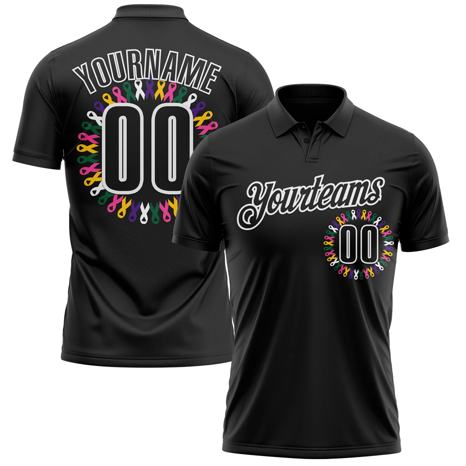 Custom Black White 3D Pattern Design Ribbon Cancer Awareness World Cancer Day Performance Polo Shirt