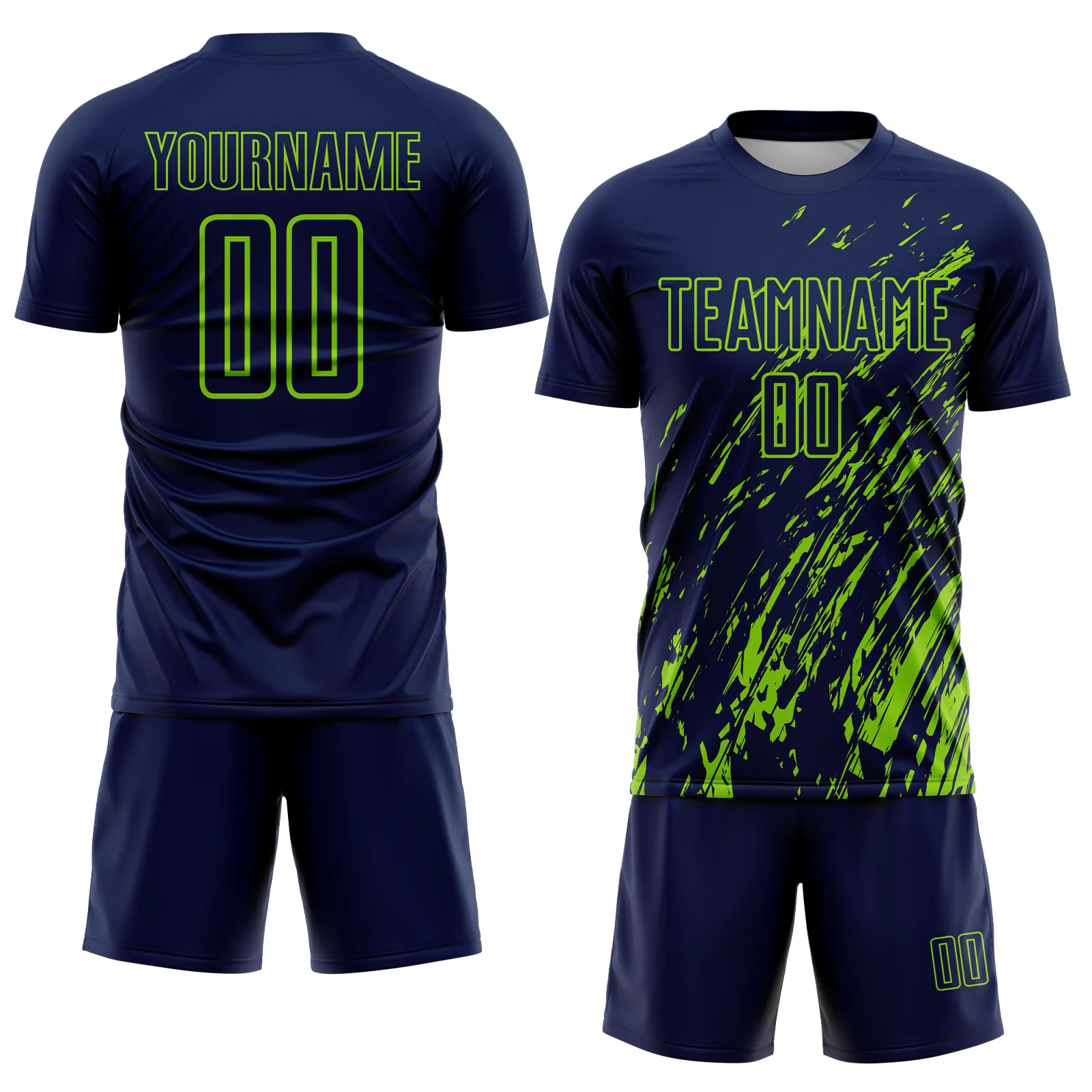 Custom Navy Neon Green Splash Sublimation Soccer Uniform Jersey