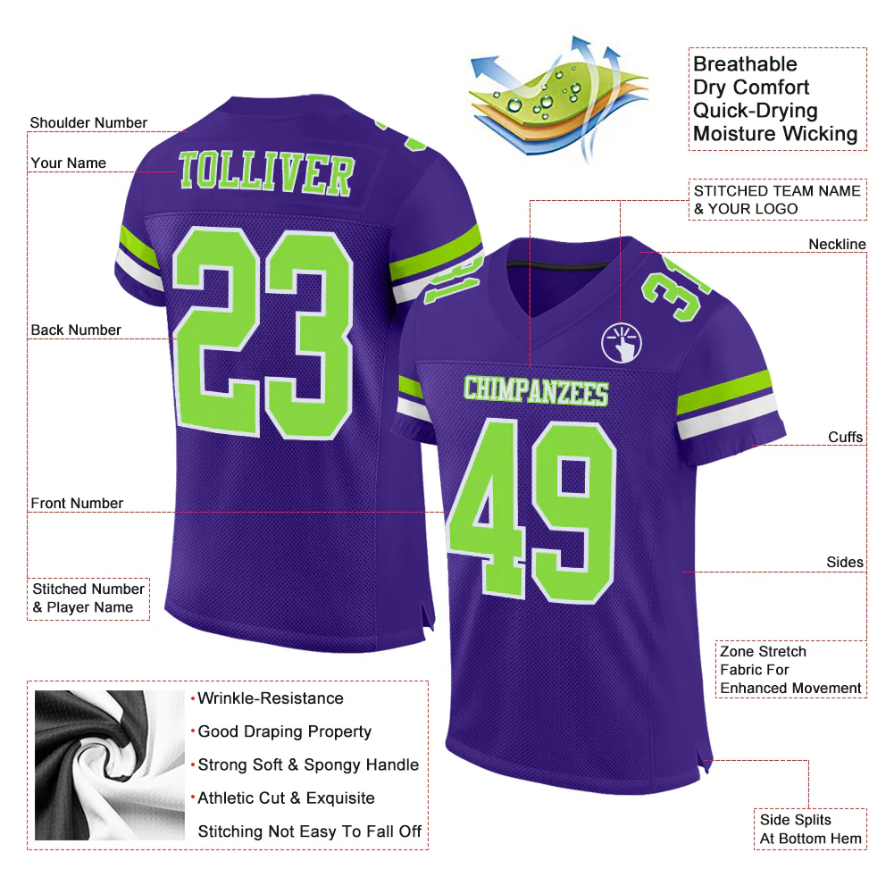 Custom Purple Neon Green-White Mesh Authentic Football Jersey