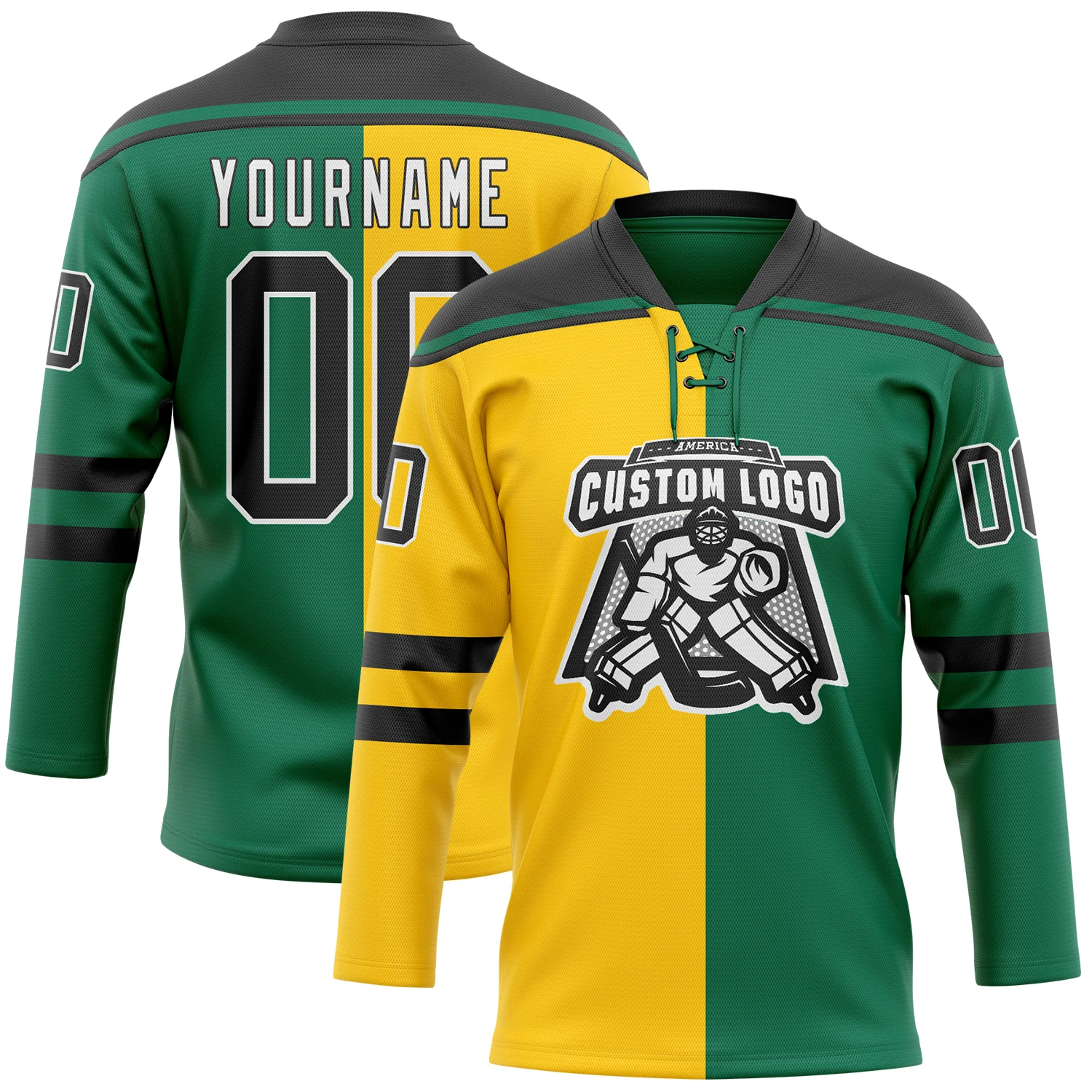Custom Kelly Green Black Yellow-White Split Fashion Hockey Lace Neck Jersey