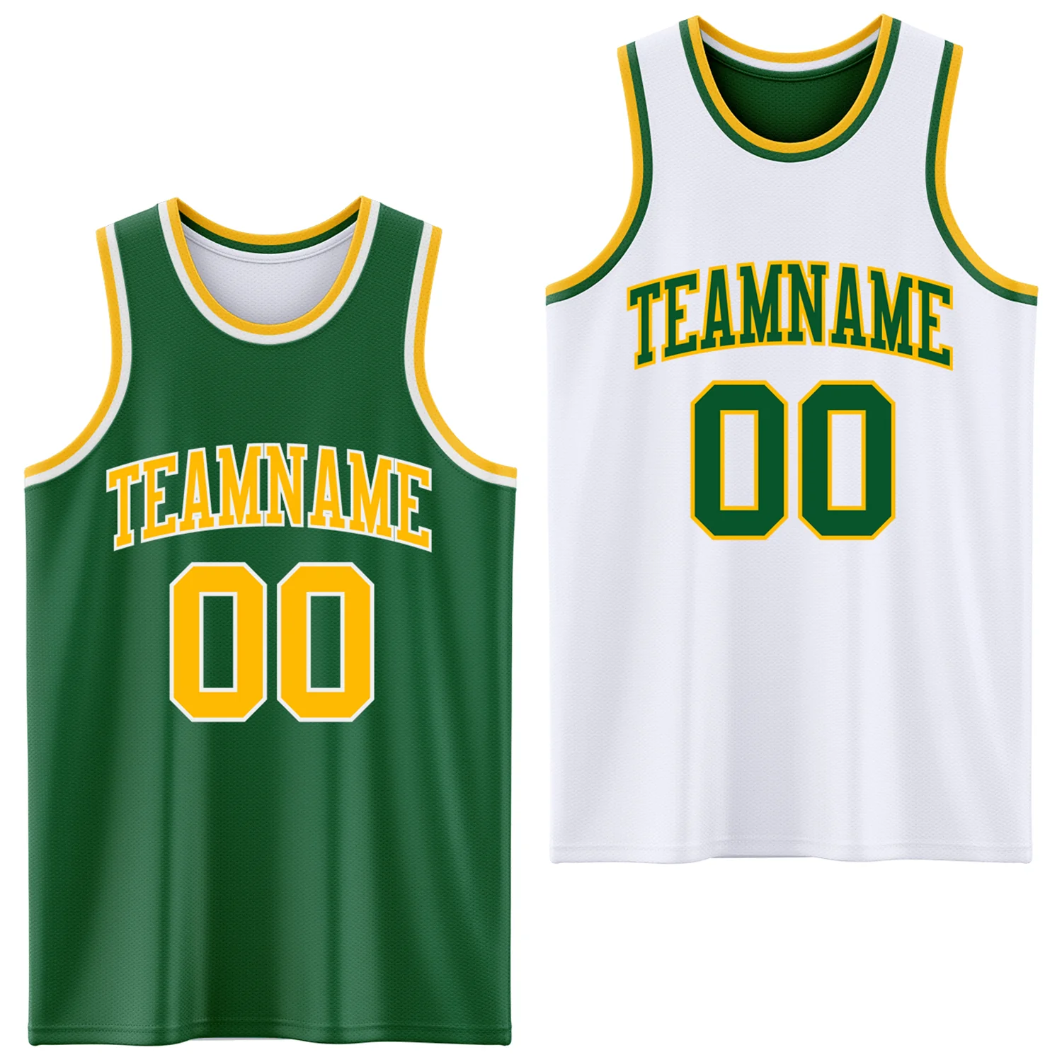 Custom Reversible Kelly Green Gold-White Double Side Sublimation Basketball Suit Jersey