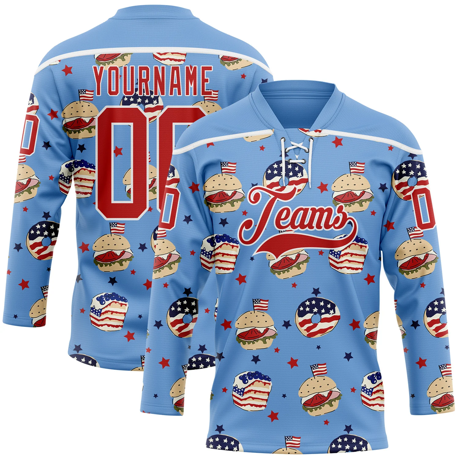 Custom Light Blue Red-White American Flag Hockey Lace Neck Jersey