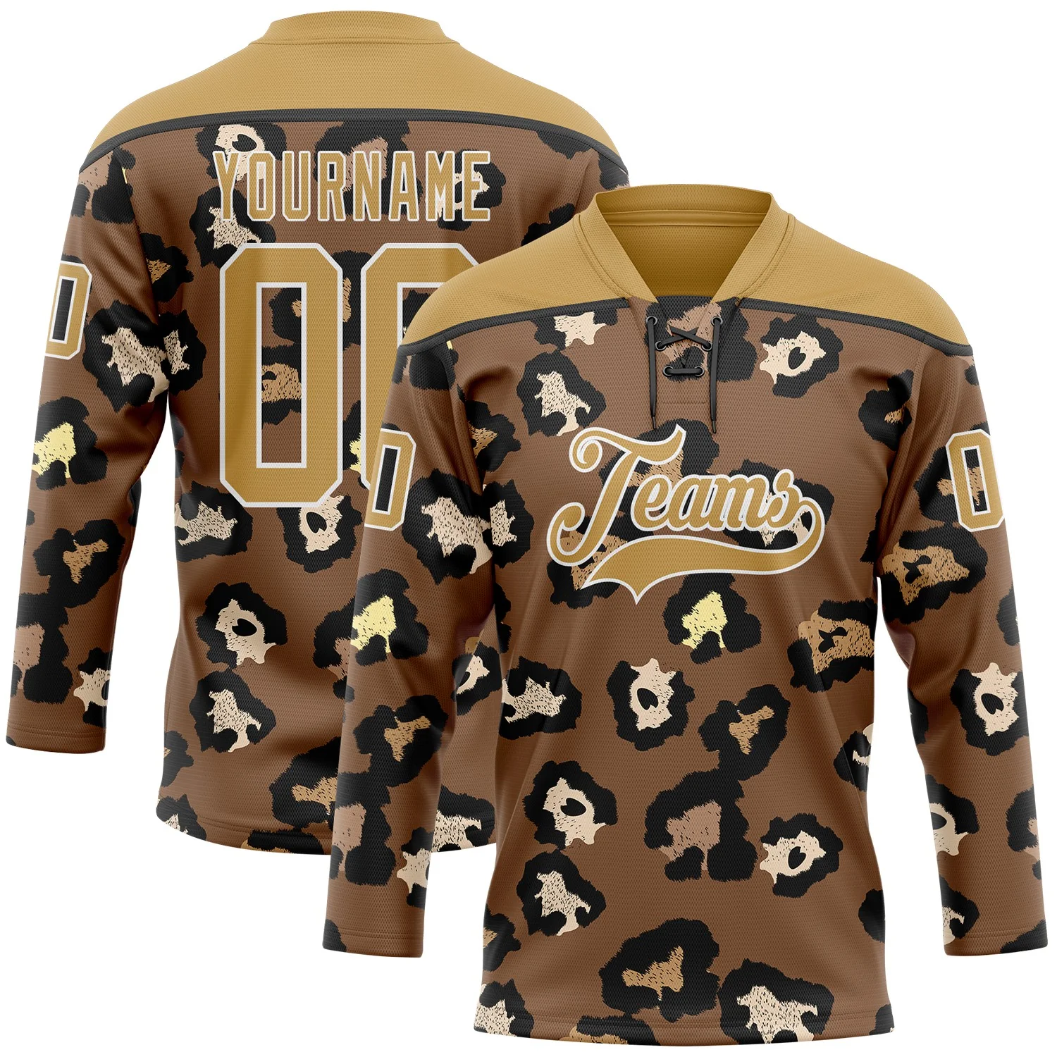 Custom Brown Old Gold Black-White 3D Pattern Leopard Print Hockey Lace Neck Jersey