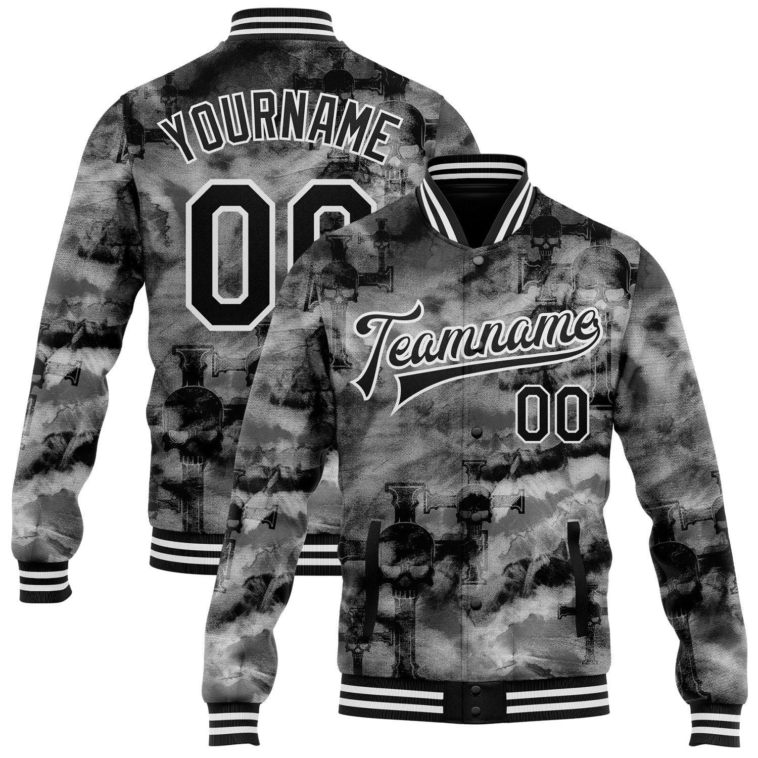 Custom Tie Dye Black-White Gothic Crosses 3D Bomber Full-Snap Varsity Letterman Jacket