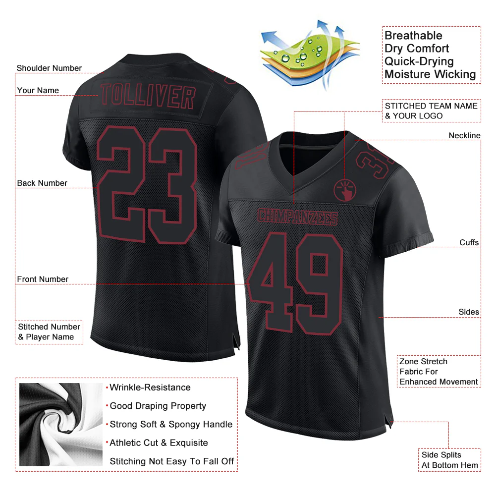 Custom Black Burgundy Mesh Authentic Football Jersey