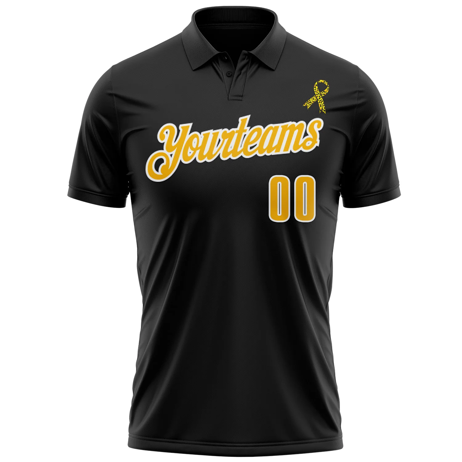 Custom Black Gold-White 3D Pattern Design Yellow Ribbon Bone Cancer Awareness Leopard Pattern Football Performance Polo Shirt