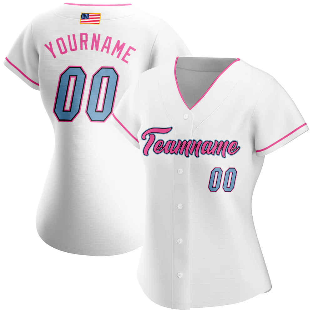 Custom White Light Blue-Pink Authentic American Flag Fashion Baseball Jersey
