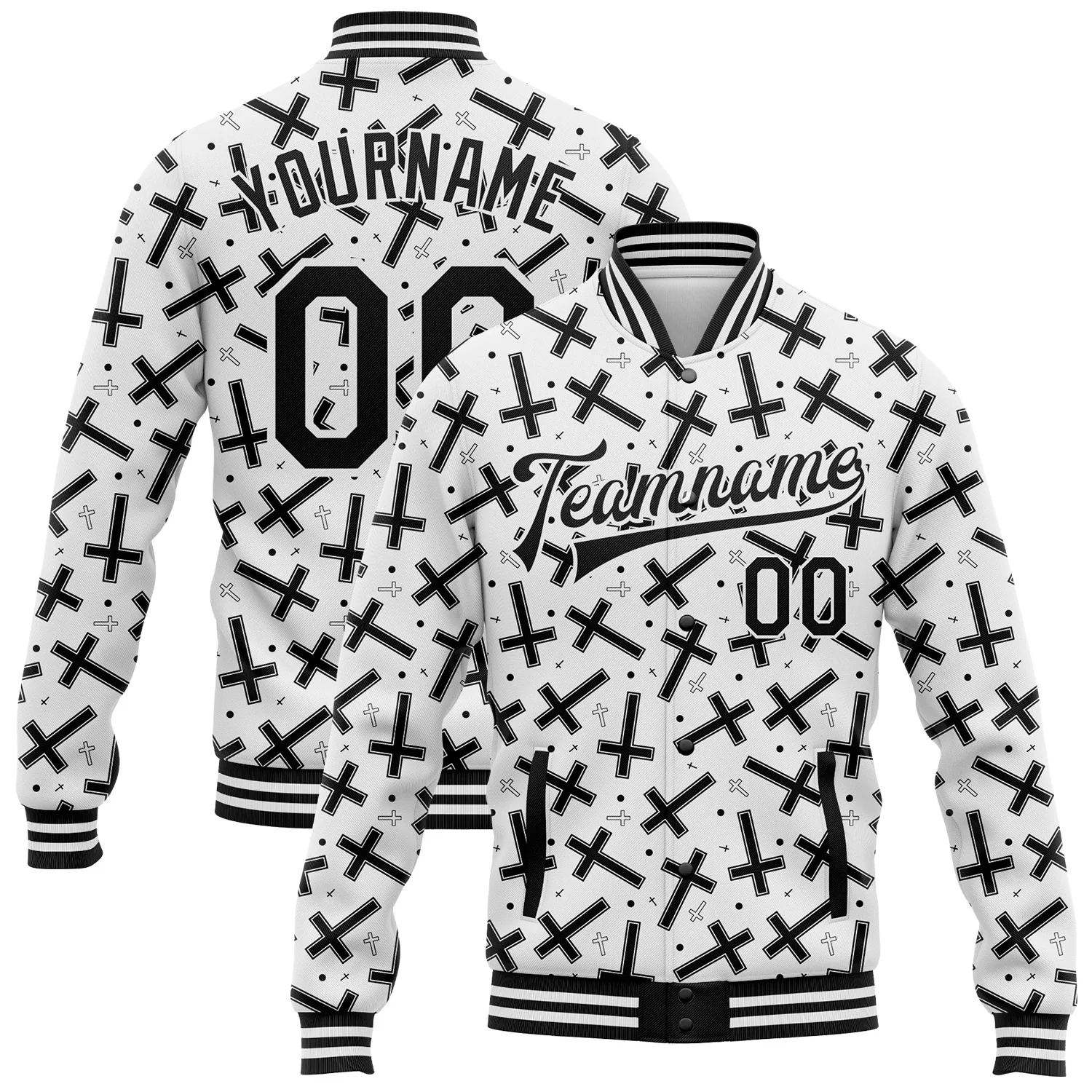 Custom White Black Gothic Crosses 3D Pattern Design Bomber Full-Snap Varsity Letterman Jacket