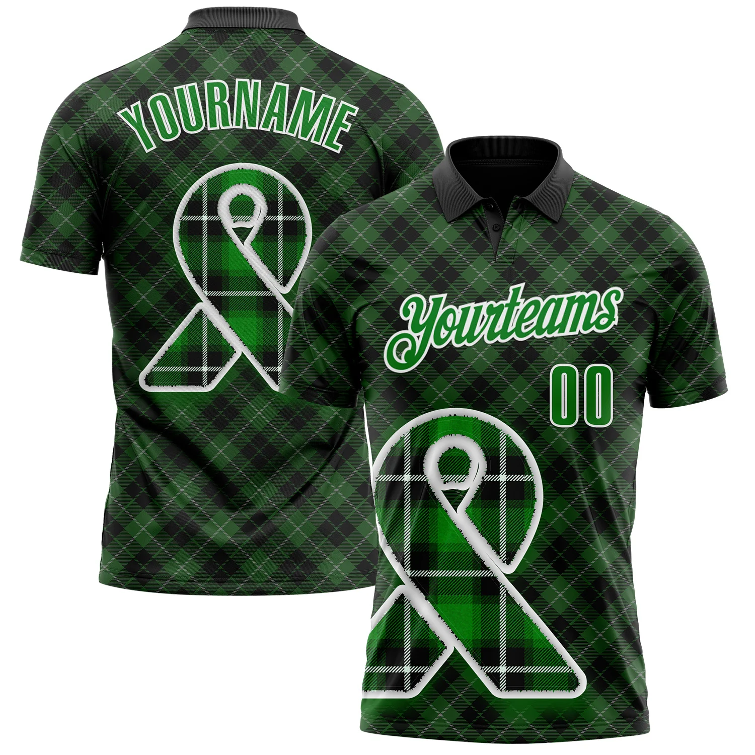 Custom Black Grass Green-White 3D Pattern Design Green Ribbon Liver Cancer Plaid Performance Polo Shirt