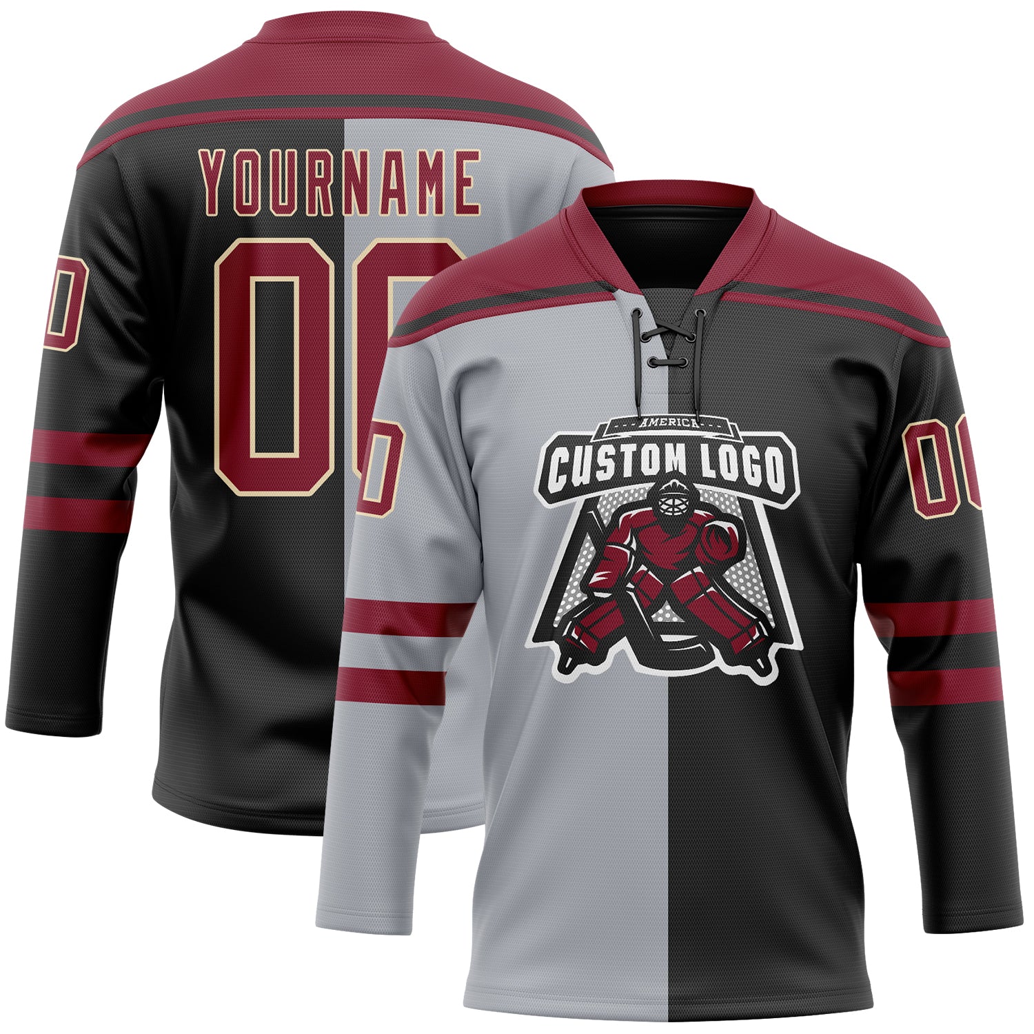 Custom Black Crimson Gray-Cream Split Fashion Hockey Lace Neck Jersey