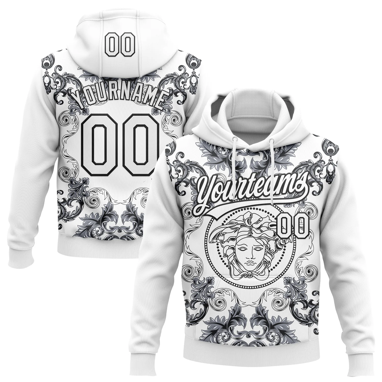 Custom Stitched White Black 3D Pattern Design Medusa Pullover Sweatshirt Hoodie