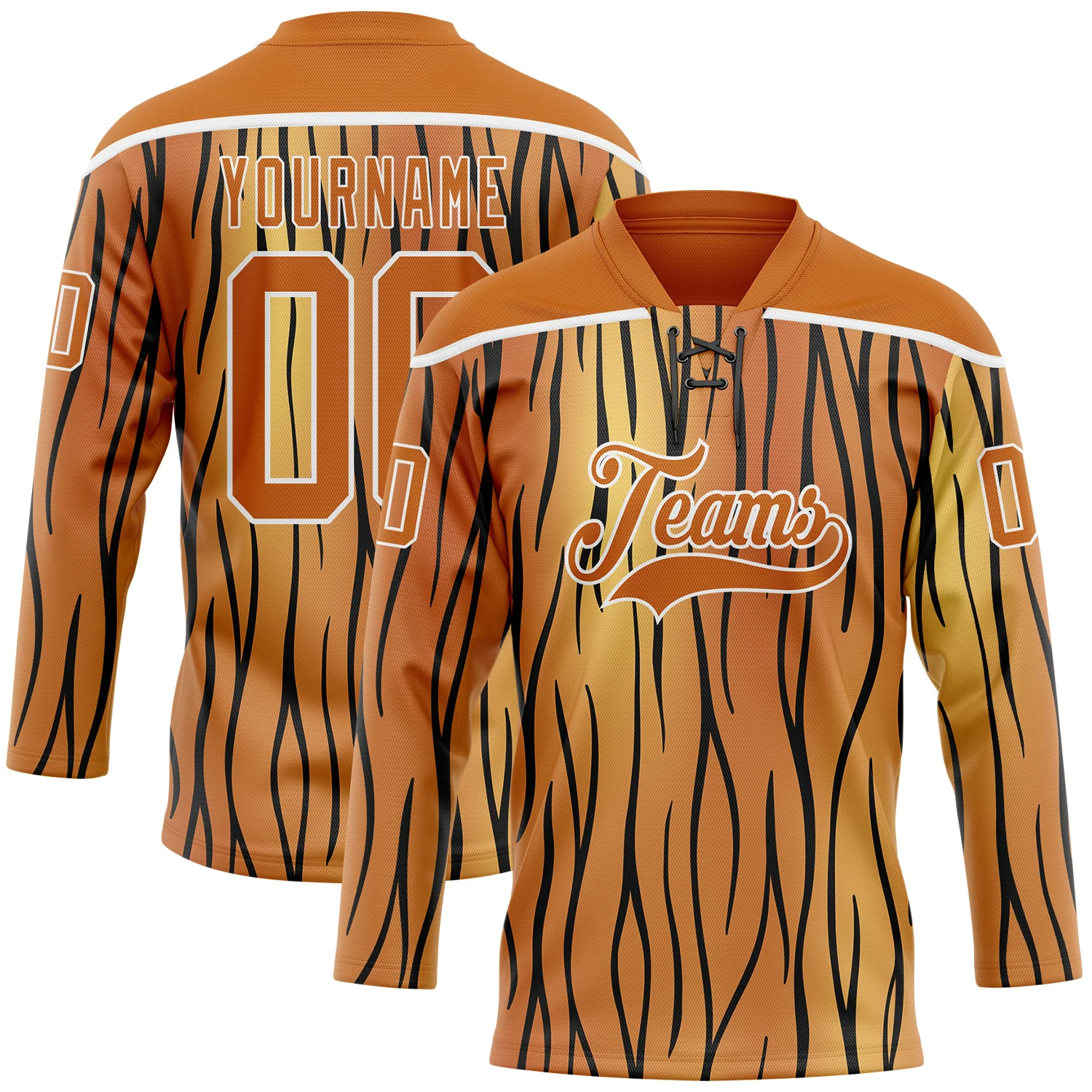 Custom Texas Orange Black-White 3D Pattern Tiger Print Hockey Lace Neck Jersey