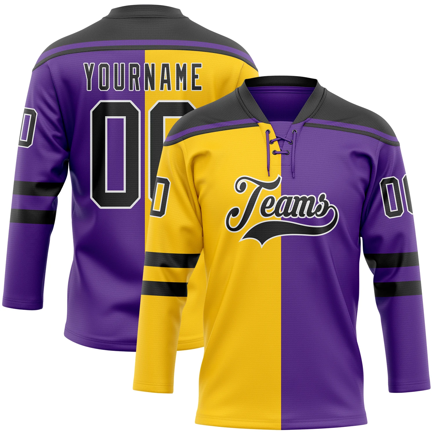 Custom Purple Black Yellow-White Split Fashion Hockey Lace Neck Jersey