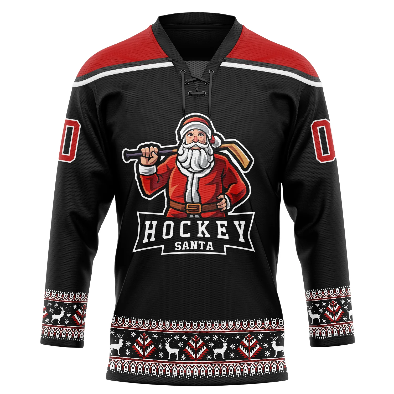 Custom Black Red-White Christmas Santa Claus 3D Hockey Lace Neck Jersey