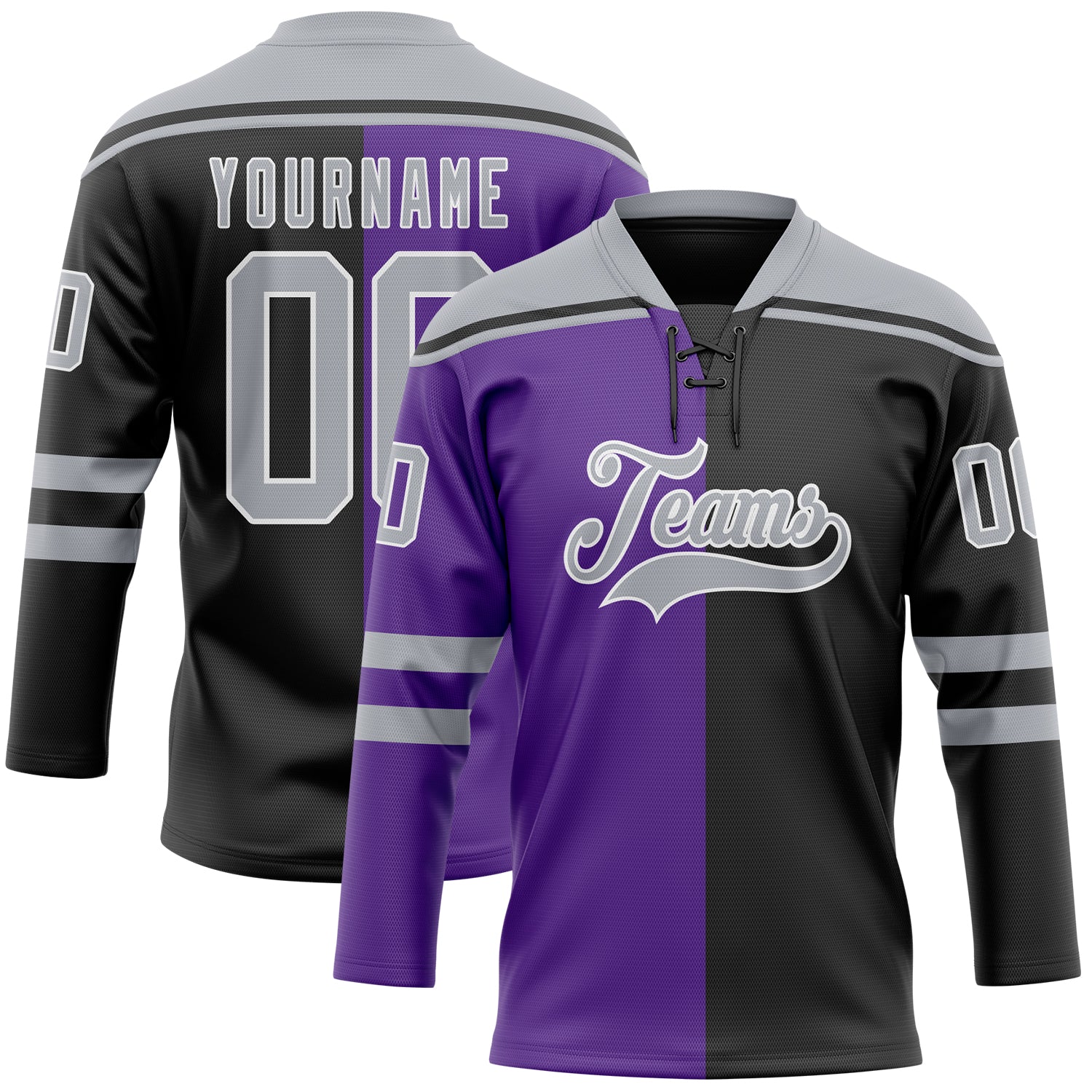 Custom Black Gray Purple-White Split Fashion Hockey Lace Neck Jersey
