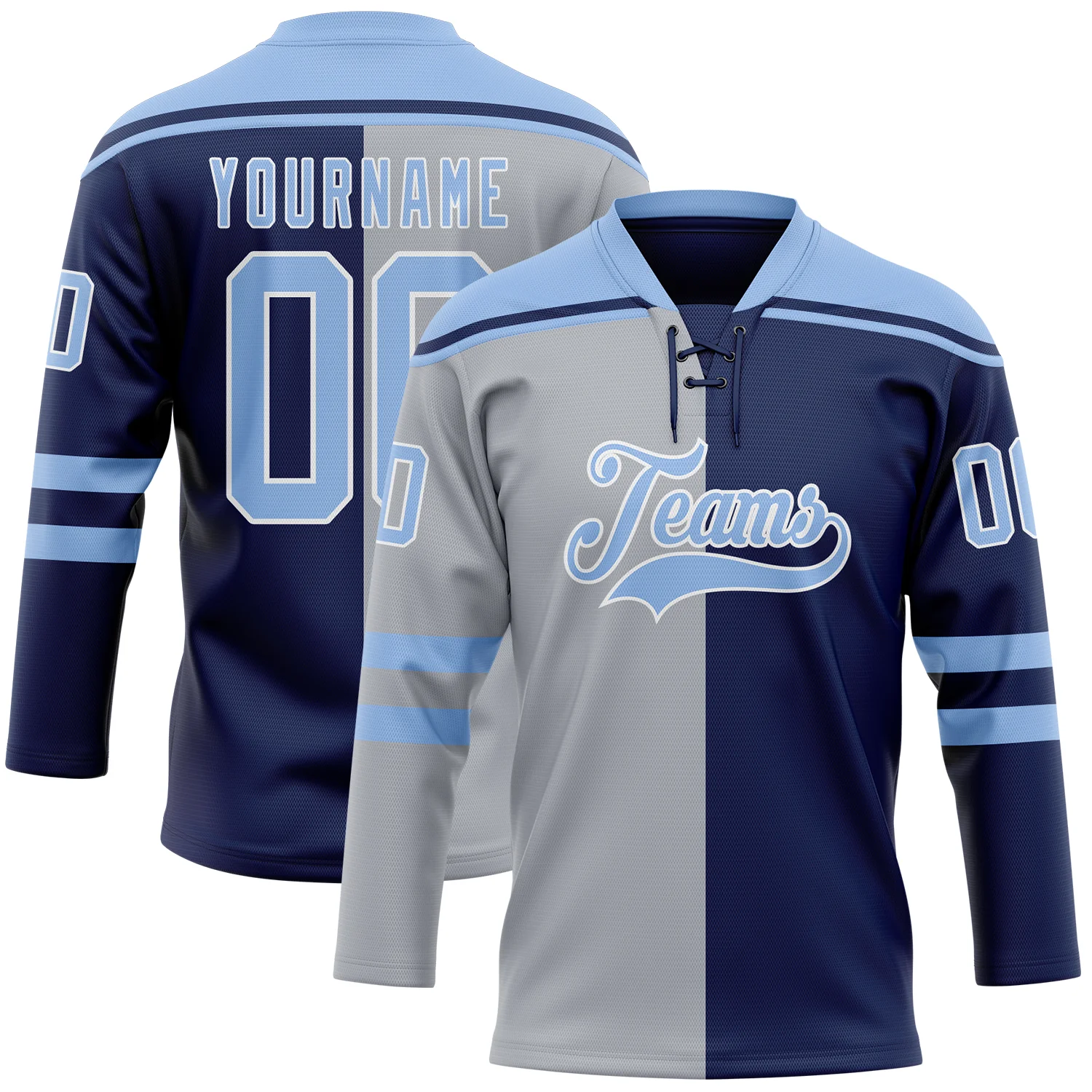 Custom Navy Light Blue Gray-White Split Fashion Hockey Lace Neck Jersey