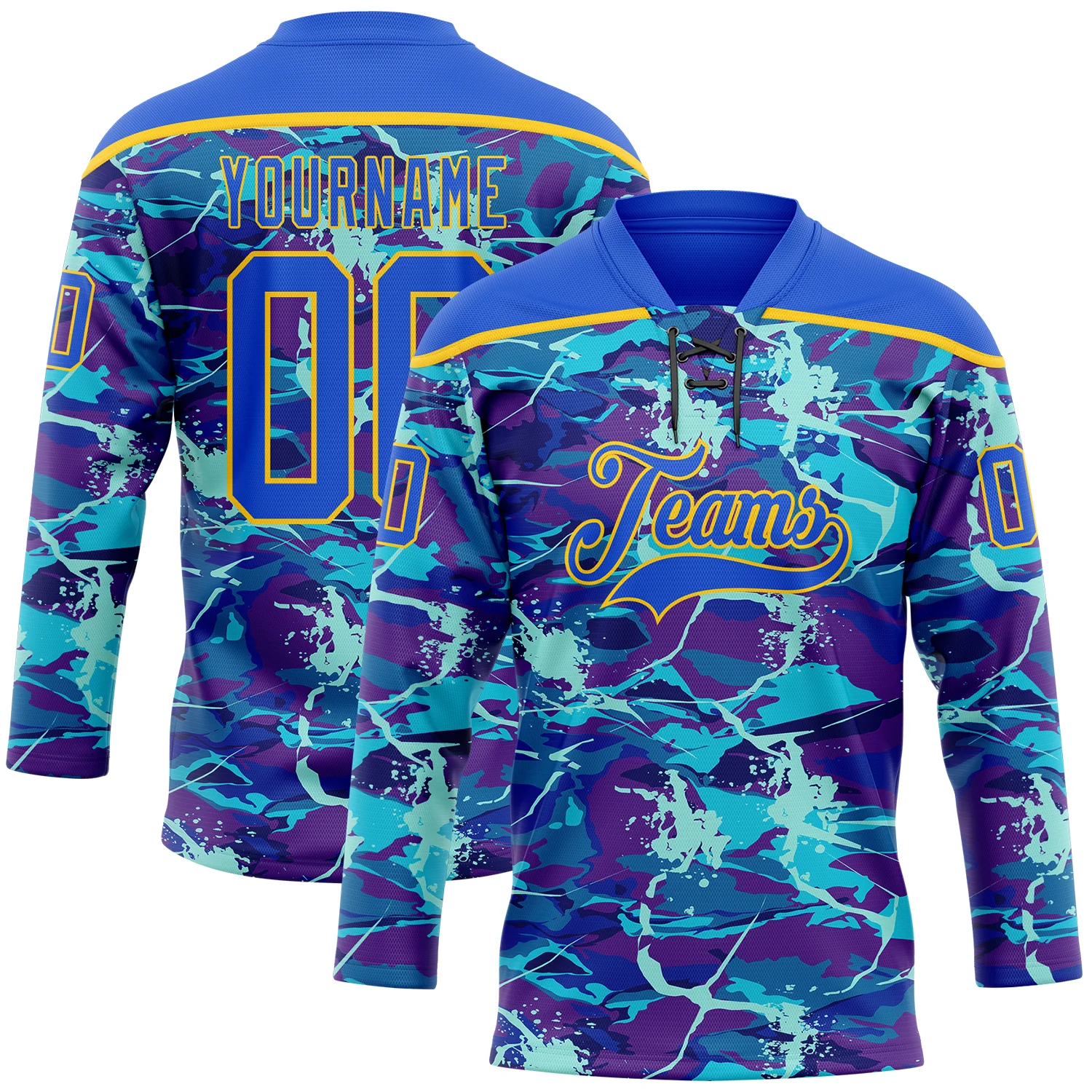 Custom Blue Thunder Blue-Yellow 3D Pattern Lightning Hockey Lace Neck Jersey
