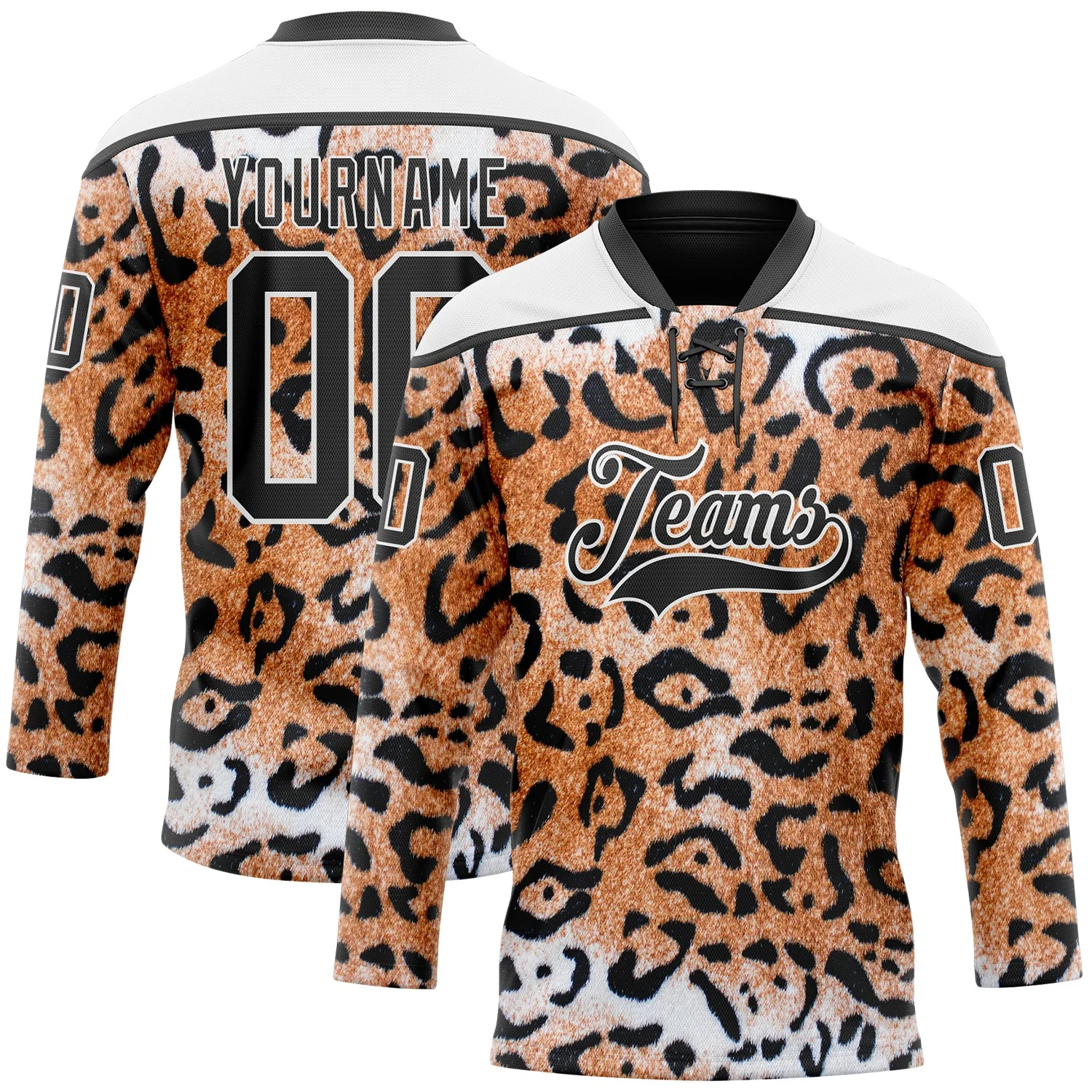 Custom Brown Black-White 3D Pattern Leopard Print Hockey Lace Neck Jersey