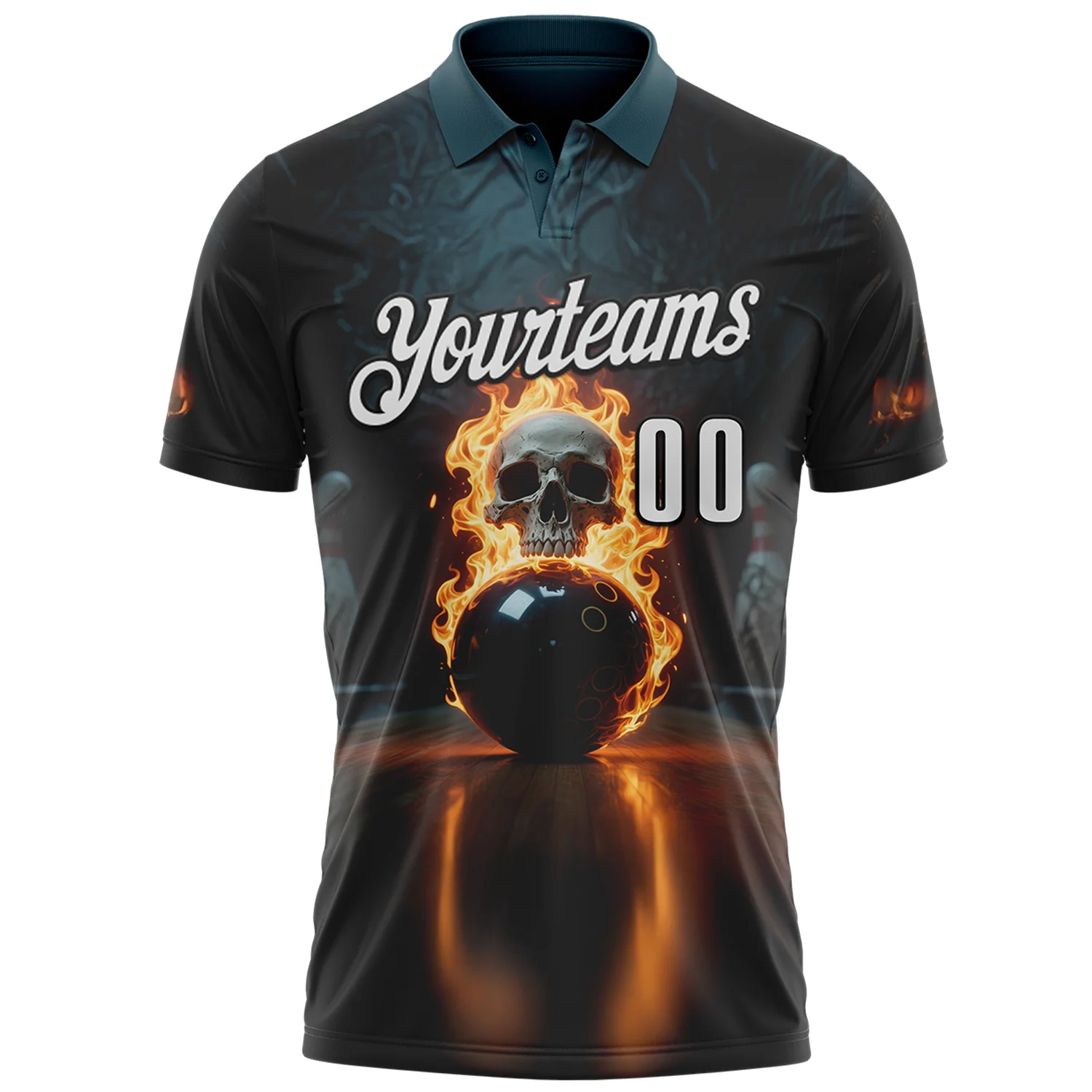 Custom Black White 3D Flame Skull Bowling Performance Polo Shirt