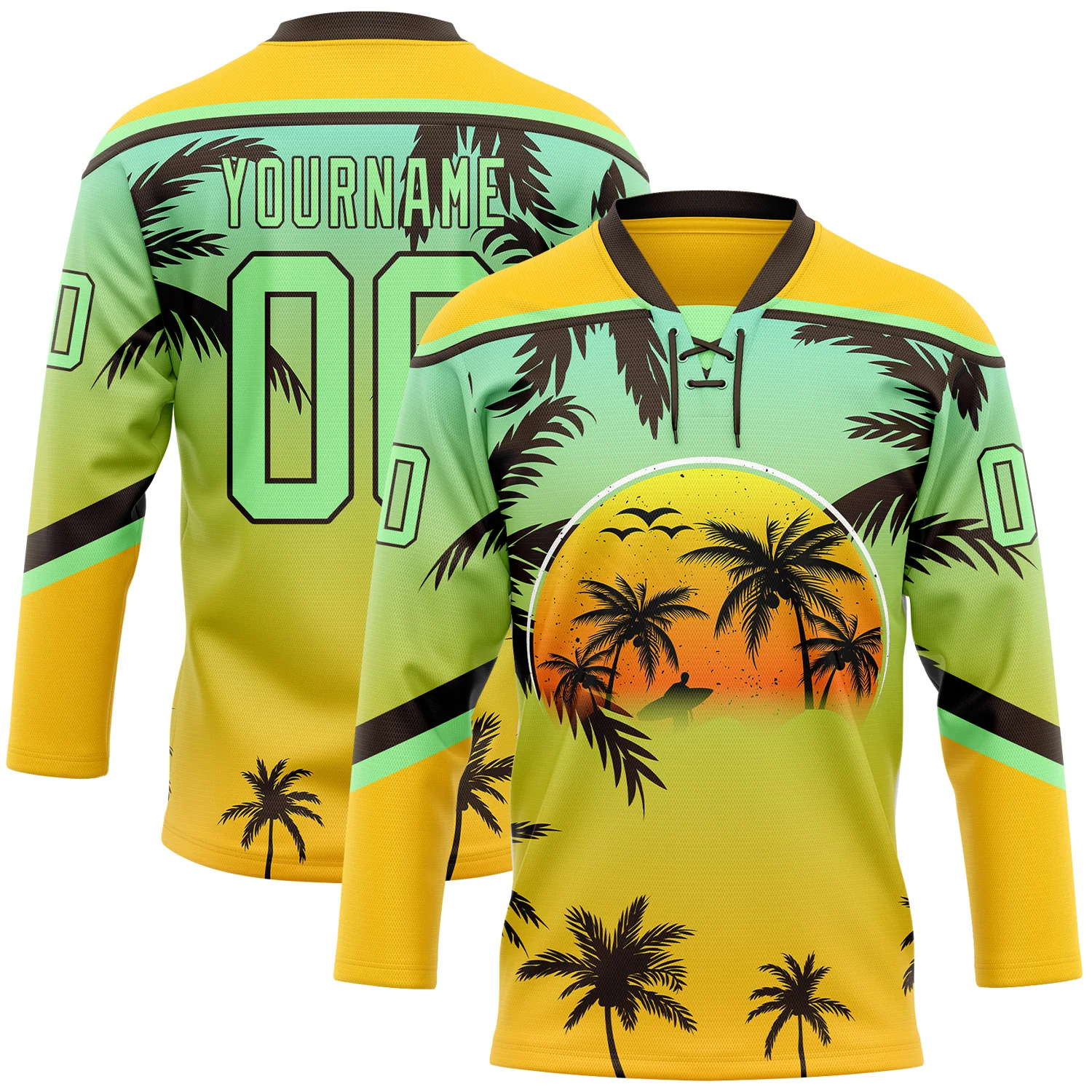 Custom Yellow Pea Green-Brown 3D Pattern Gradient Hawaii Tropical Palm Trees Hockey Lace Neck Jersey