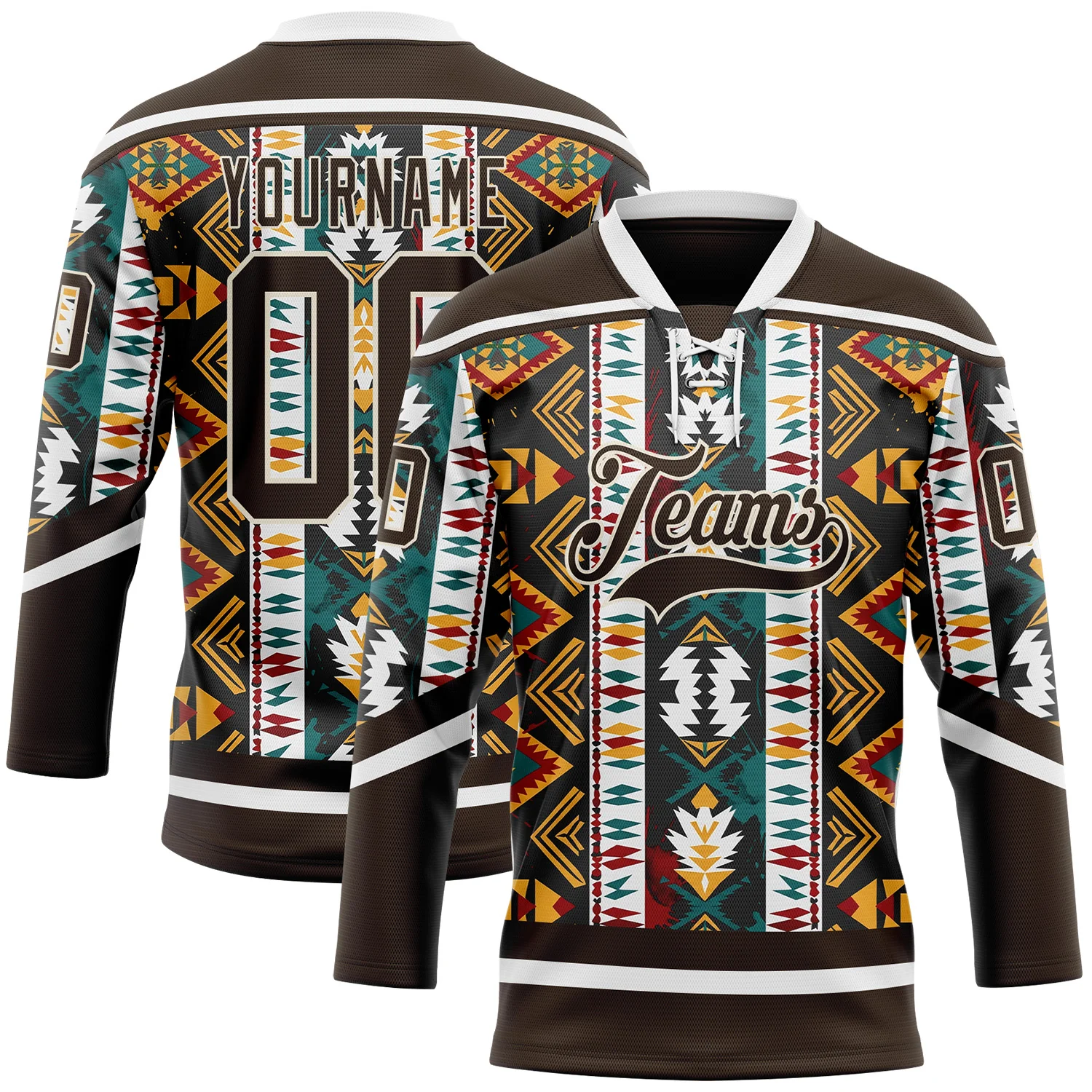 Custom Brown Yellow Green Red-Cream 3D Pattern Tribal Indigenous Grunge Geometric Splash Hockey Lace Neck Jersey
