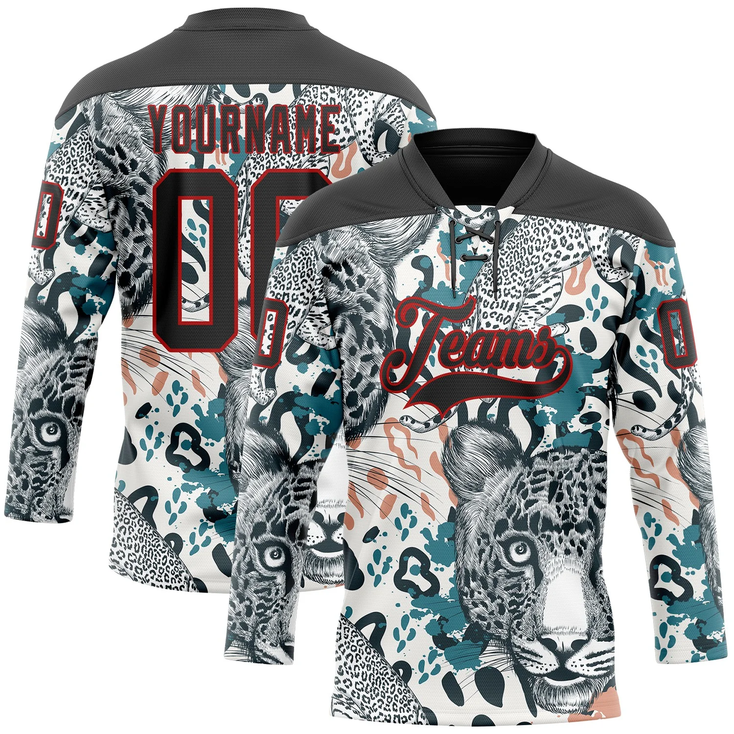 Custom White Black Blue-Red 3D Pattern Leopard Hockey Lace Neck Jersey
