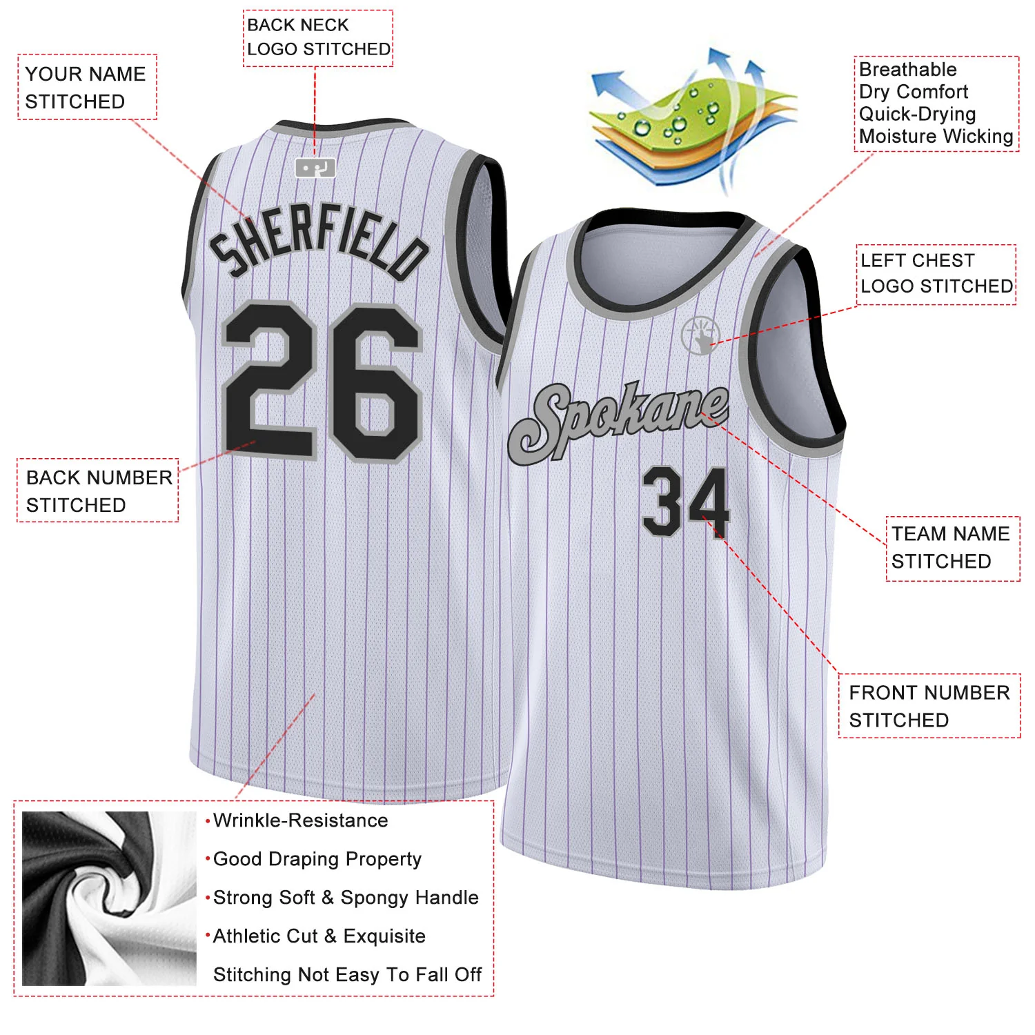 Custom White Purple Pinstripe Black-Gray Authentic Basketball Jersey
