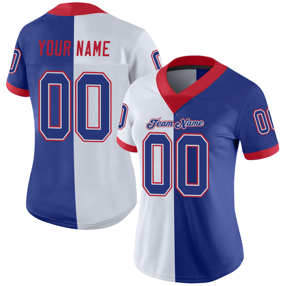 Custom White Royal-Scarlet Split Fashion Football Jersey