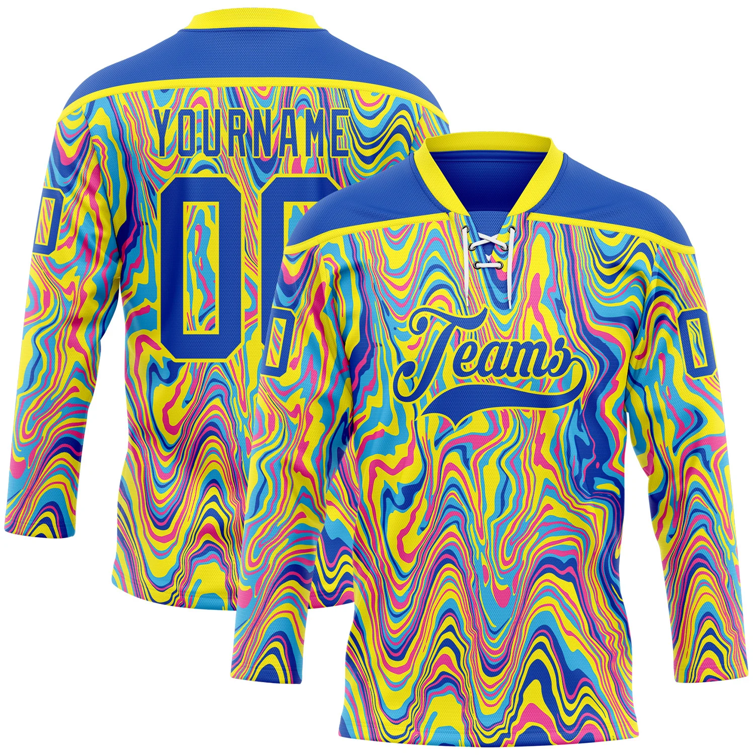 Custom Yellow Thunder Blue Pink-Light Yellow 3D Pattern Trippy Psychedelic Fluid Hockey Lace Neck Jersey