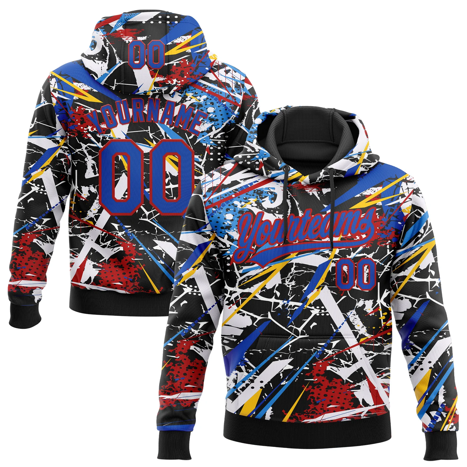 Custom Stitched Graffiti Pattern Thunder Blue-Red 3D Abstract Splatter Sports Pullover Sweatshirt Hoodie