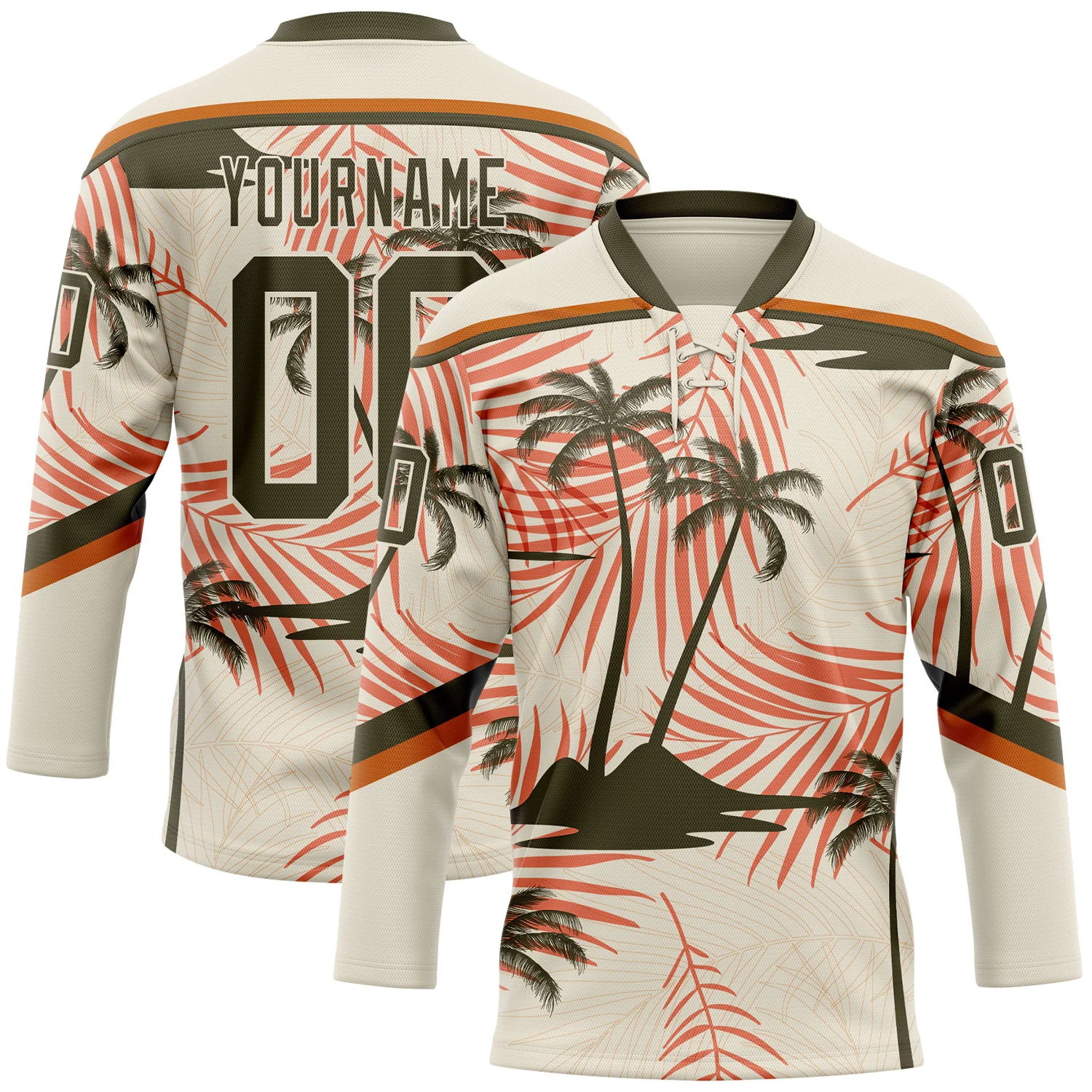 Custom Cream Olive-Texas Orange 3D Pattern Hawaii Tropical Palm Trees Hockey Lace Neck Jersey