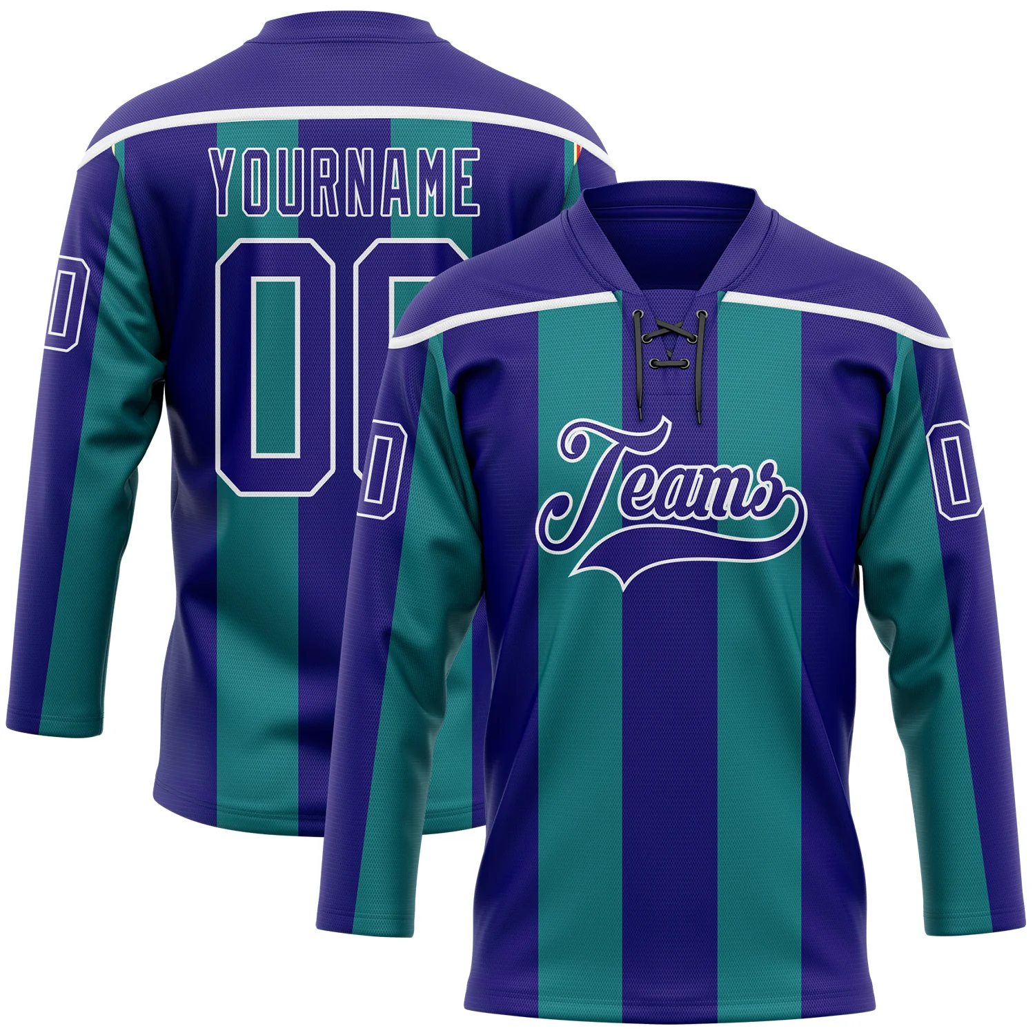 Custom Dark Purple Green-White 3D Pattern Design Stripe Hockey Lace Neck Jersey