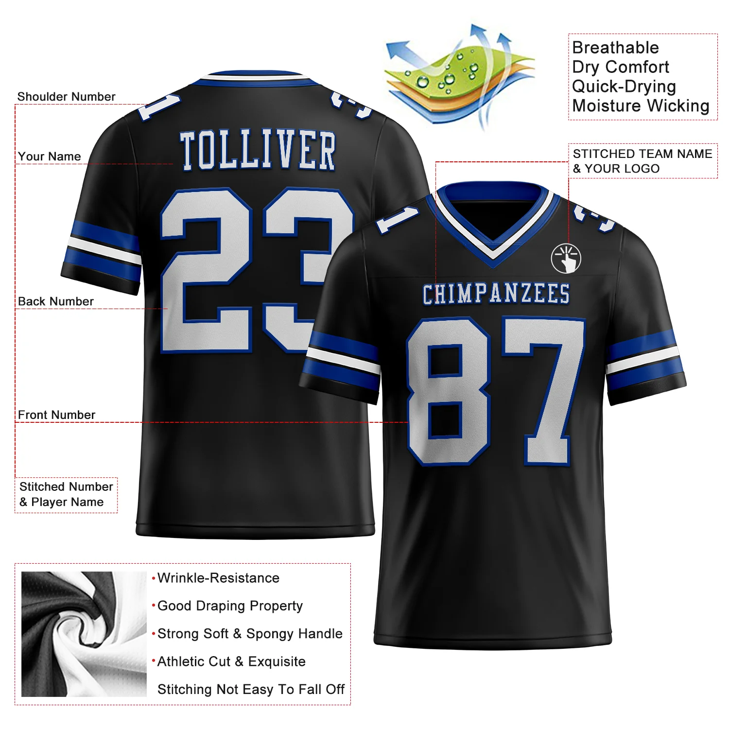Custom Black White-Royal Authentic Football Jersey
