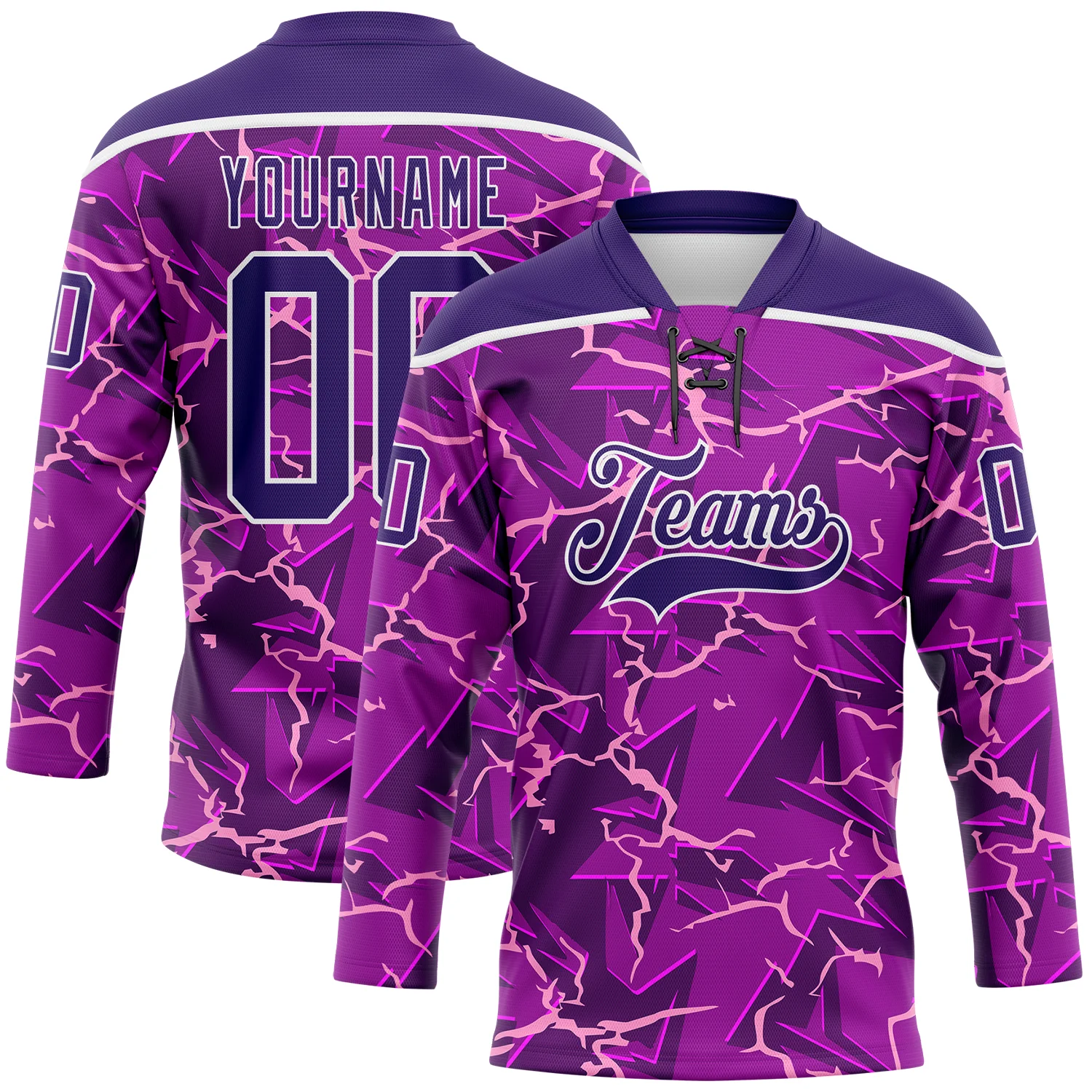 Custom Purple Black Pink-White 3D Pattern Lightning Hockey Lace Neck Jersey