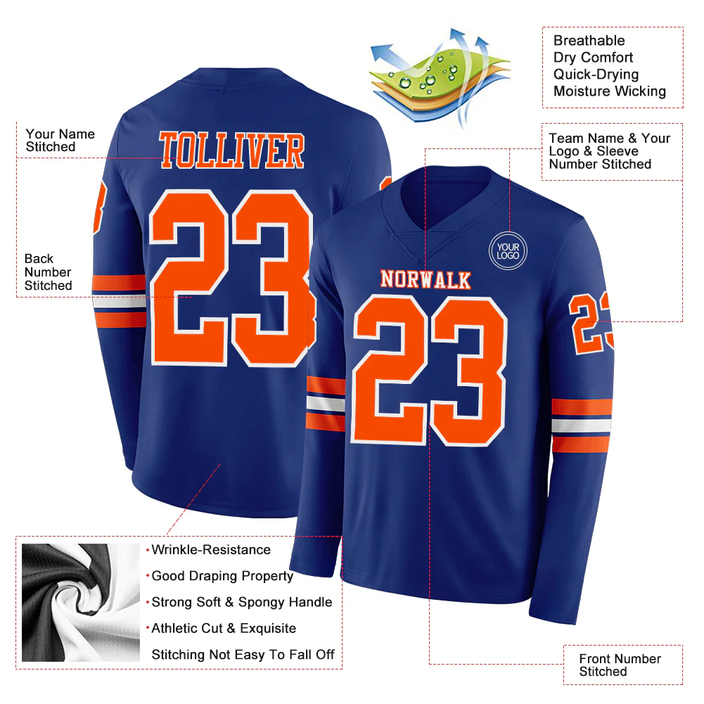 Custom Royal Orange-White Long Sleeve Authentic Football Jersey
