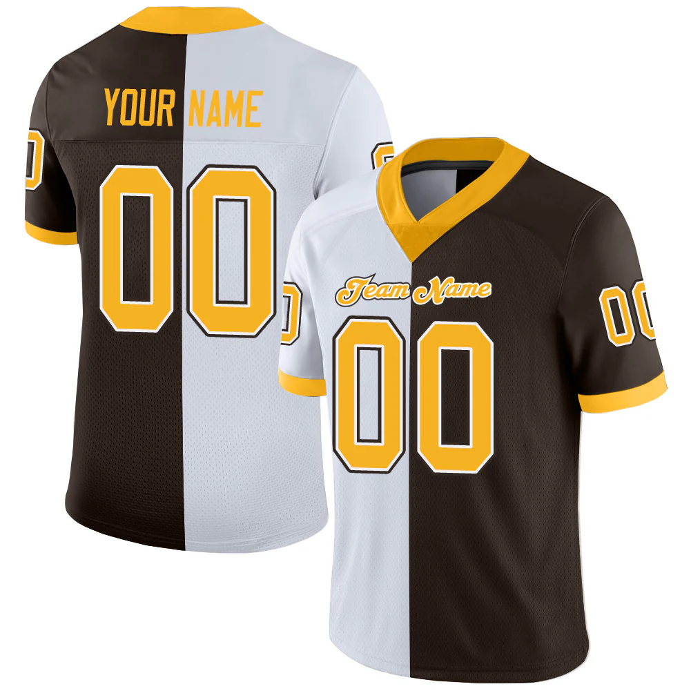 Custom Brown Gold-White Split Fashion Football Jersey