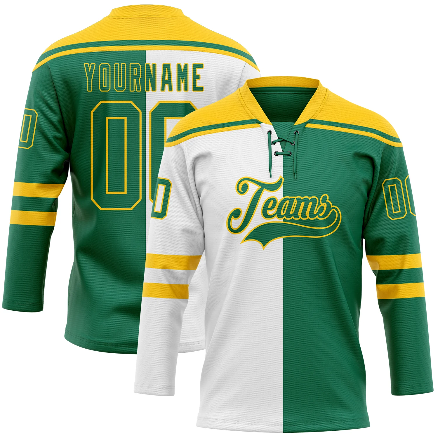 Custom Kelly Green Gold-White Split Fashion Hockey Lace Neck Jersey