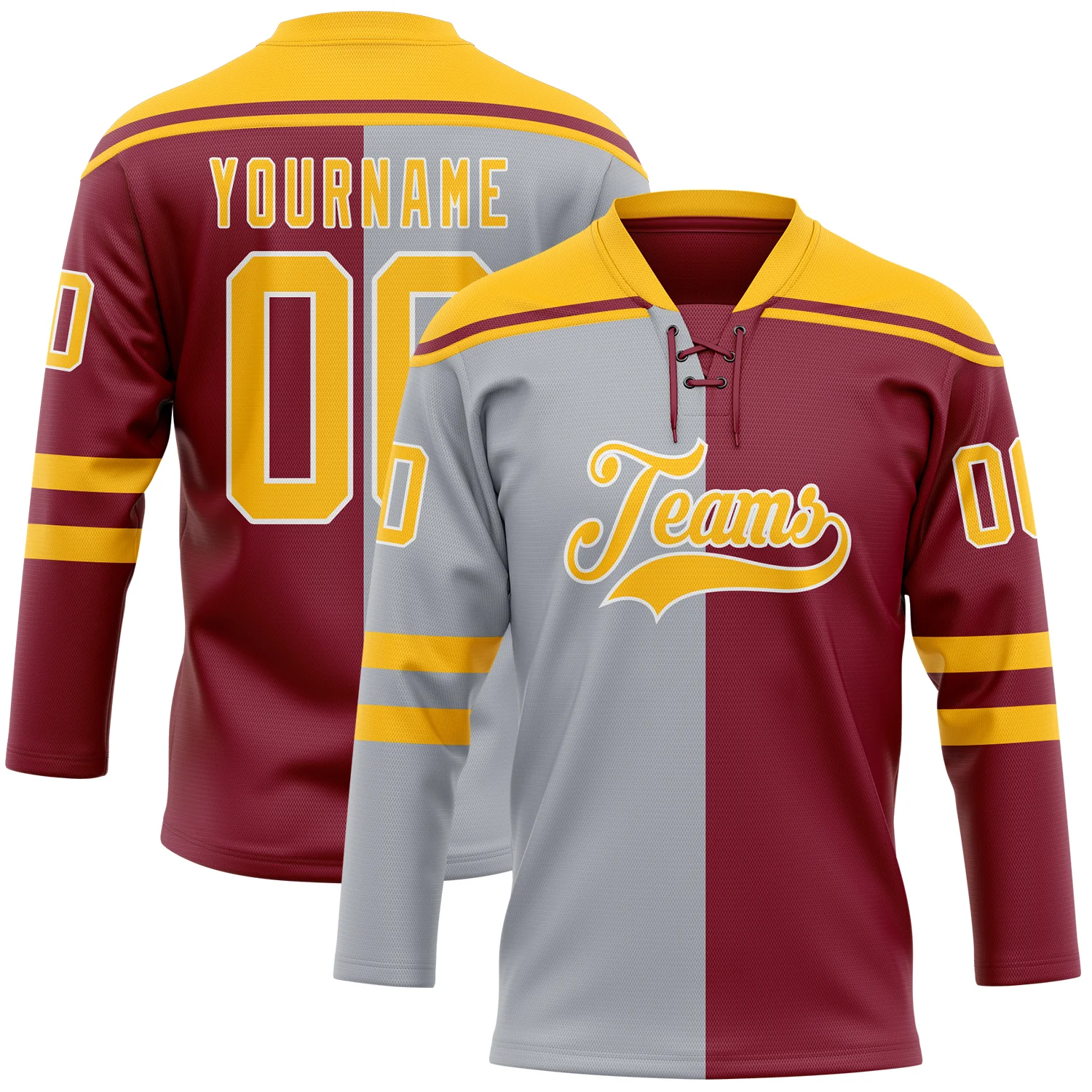Custom Crimson Gold Gray-White Split Fashion Hockey Lace Neck Jersey