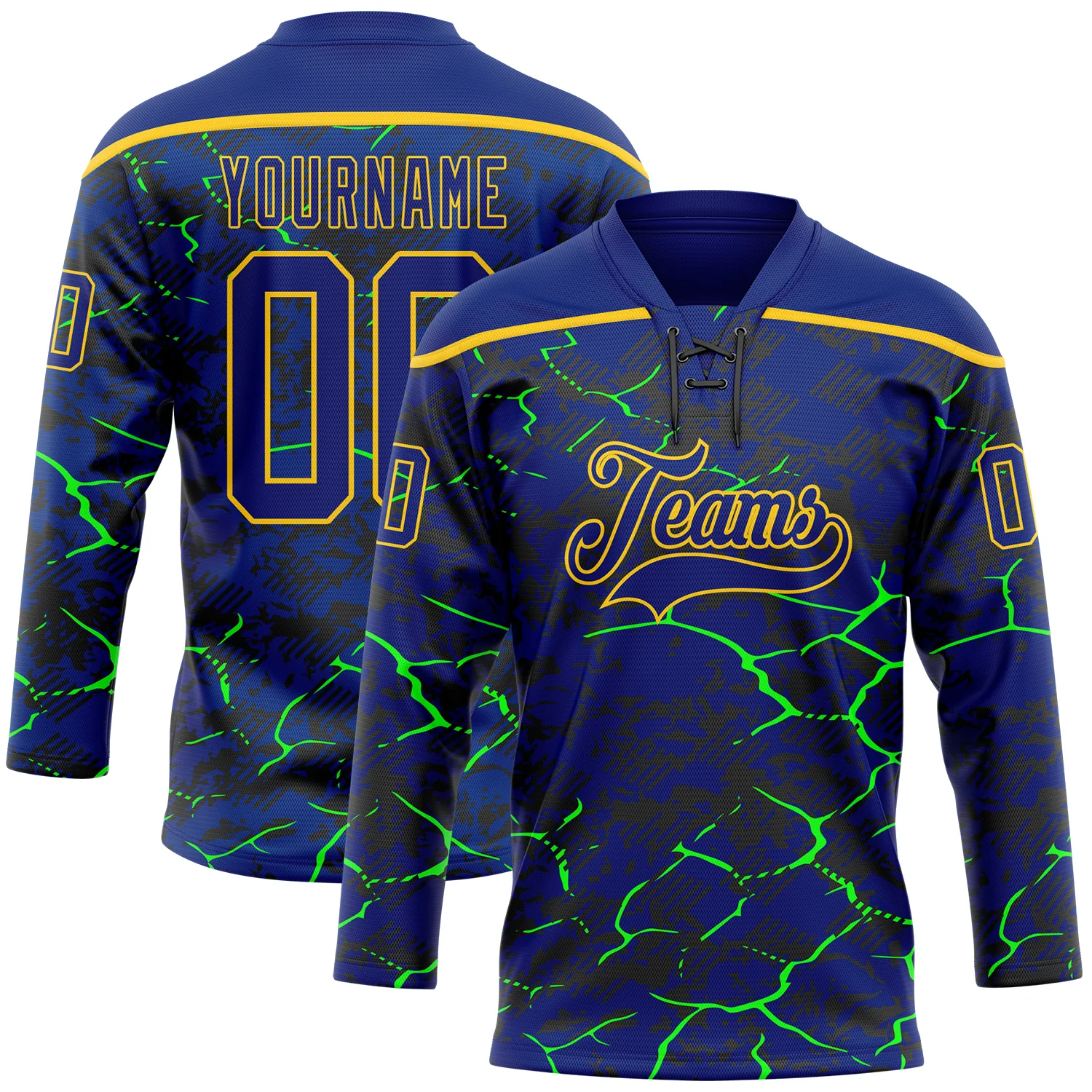 Custom Royal Green Black-Yellow 3D Pattern Lightning Hockey Lace Neck Jersey