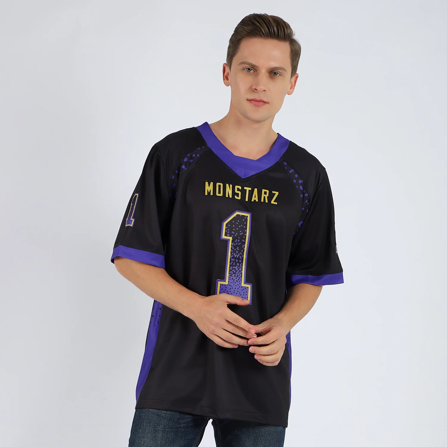 Custom Black Purple-Old Gold Drift Fashion Football Jersey