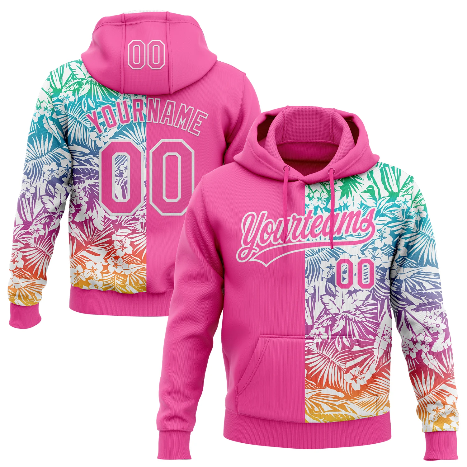 Custom Stitched Pink White 3D Tropical Hawaii Palm Leaves Sports Pullover Sweatshirt Hoodie