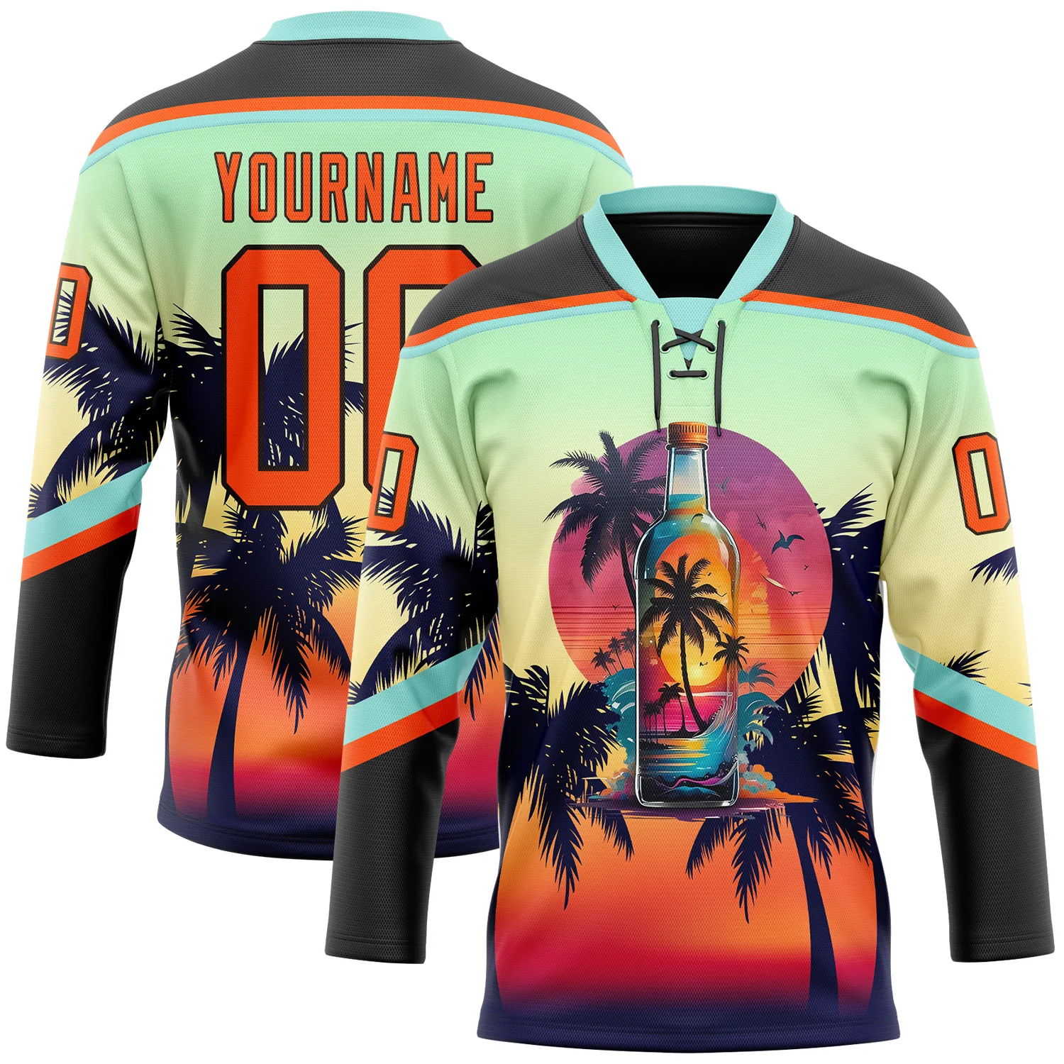 Custom Black Orange Ice Blue-Brown 3D Pattern Gradient Hawaii Tropical Palm Trees Hockey Lace Neck Jersey