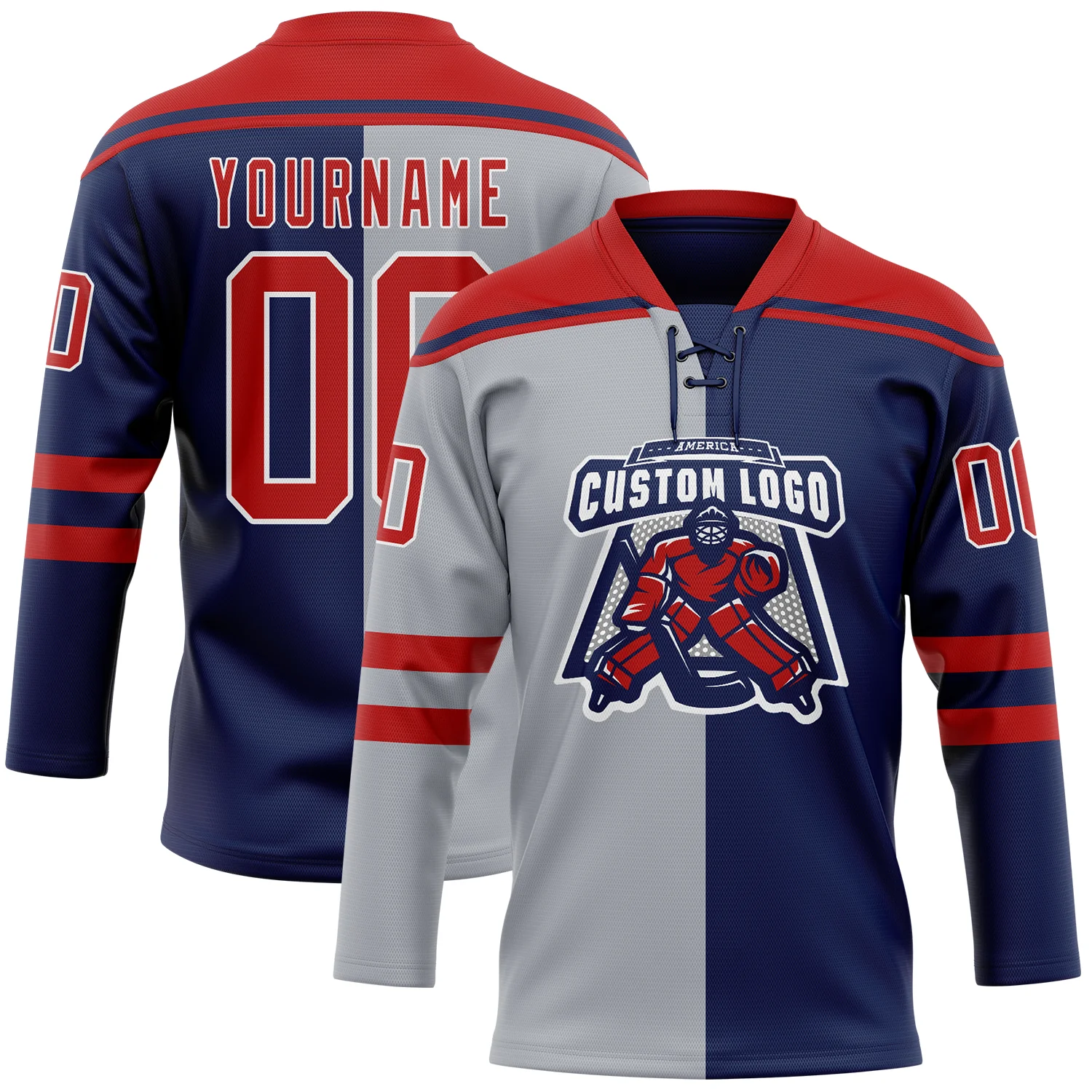Custom Navy Red Gray-White Split Fashion Hockey Lace Neck Jersey